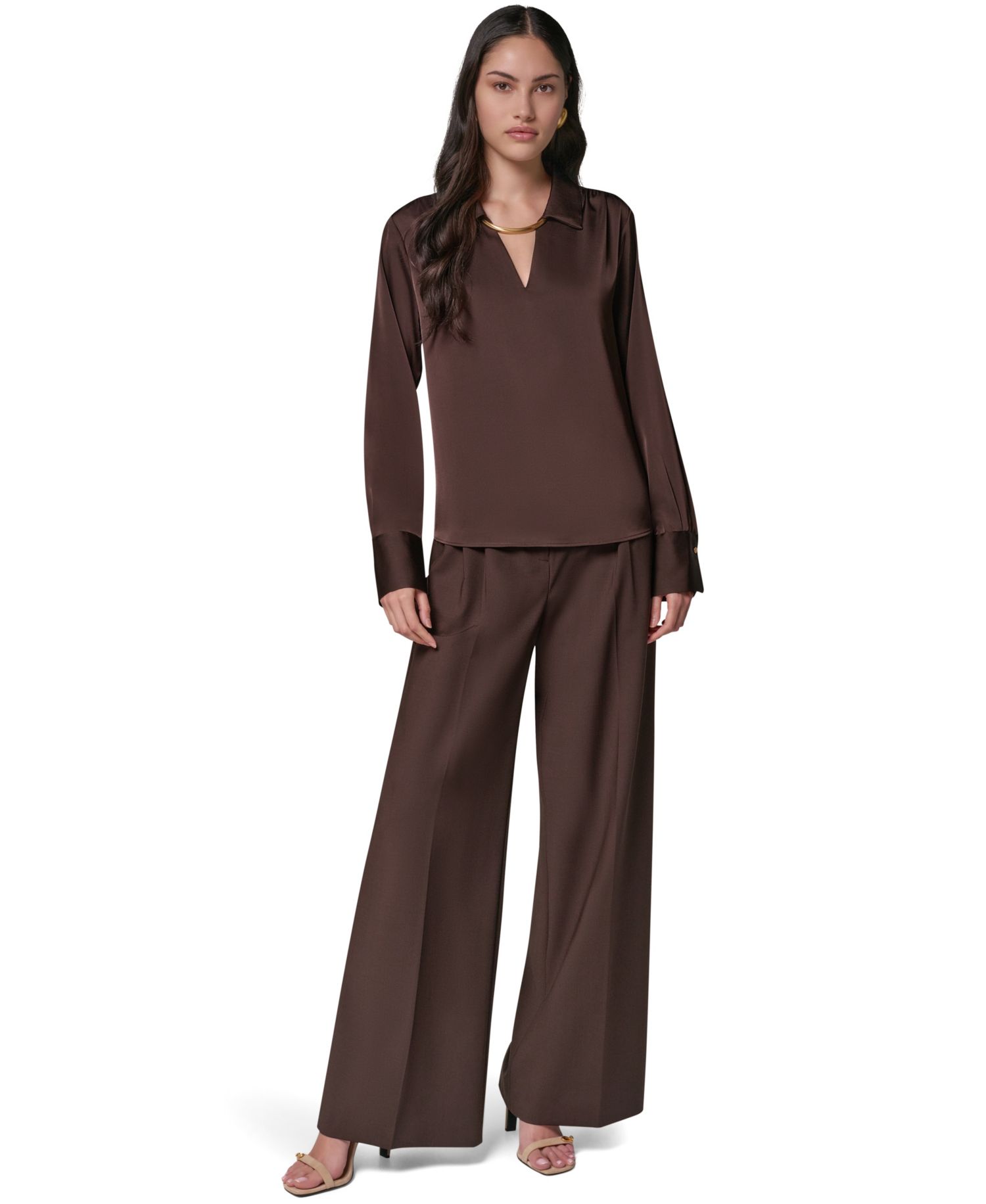 Women's Long-Sleeve Satin V-Neck Collared Blouse