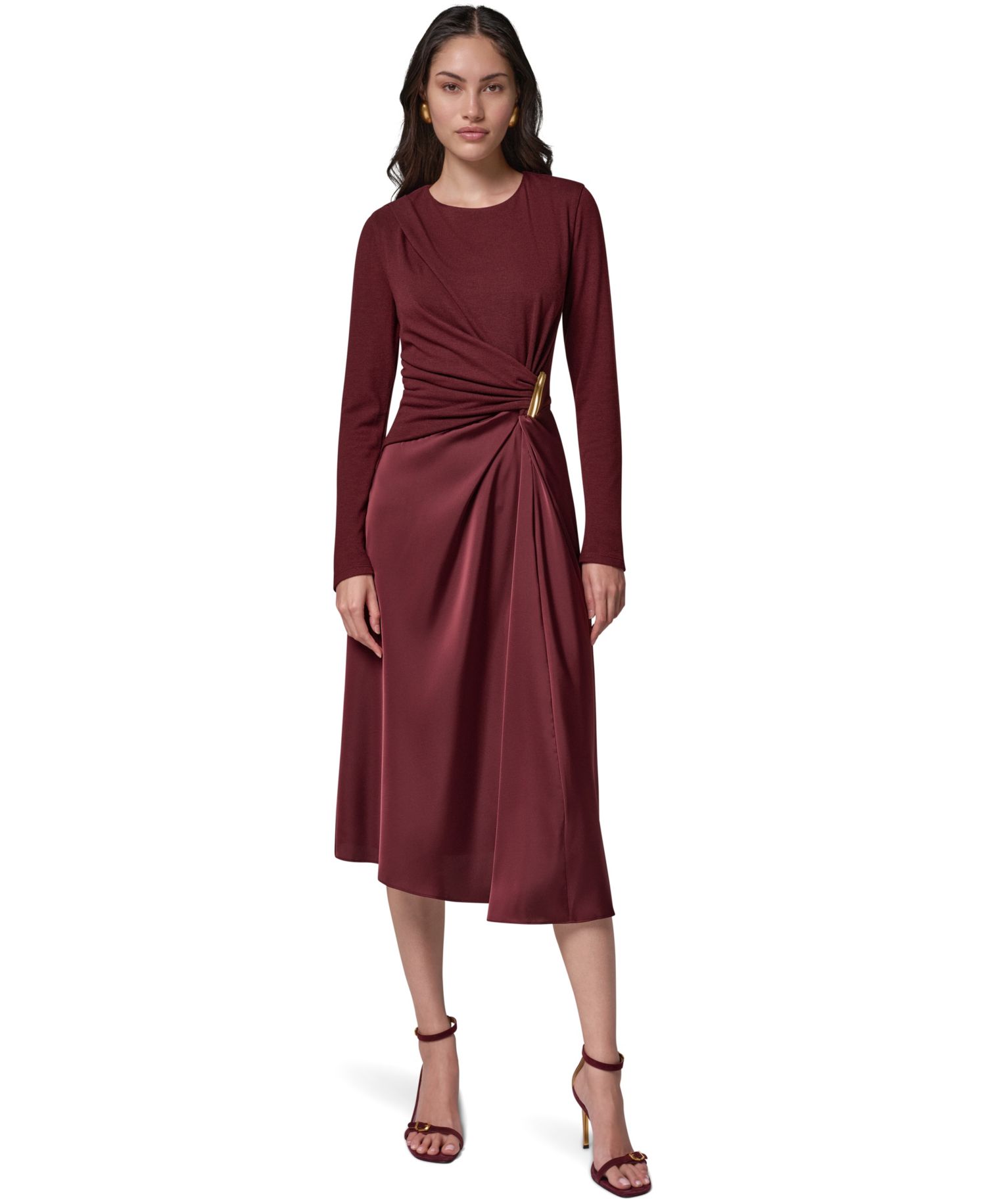 Women's Long Sleeve Waist Long-Sleeve Fit-and-Flare Midi Dress