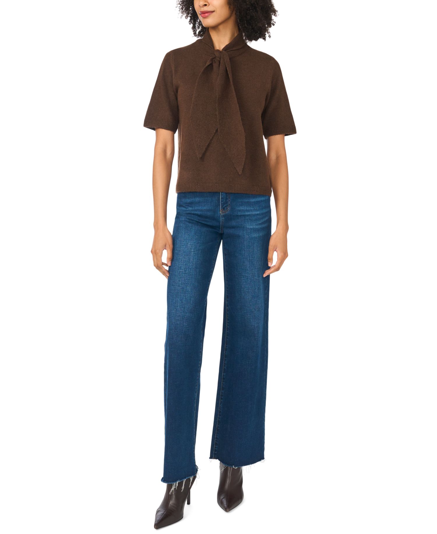Women's Cozy Tie Neck Short-Sleeve Loose-Fit Sweater