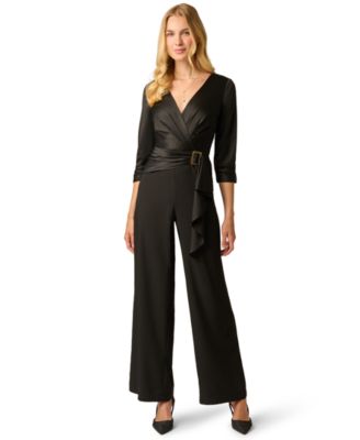 Women's Wide-Leg V-Neck 3/4 Sleeve Satin Crepe Jumpsuit