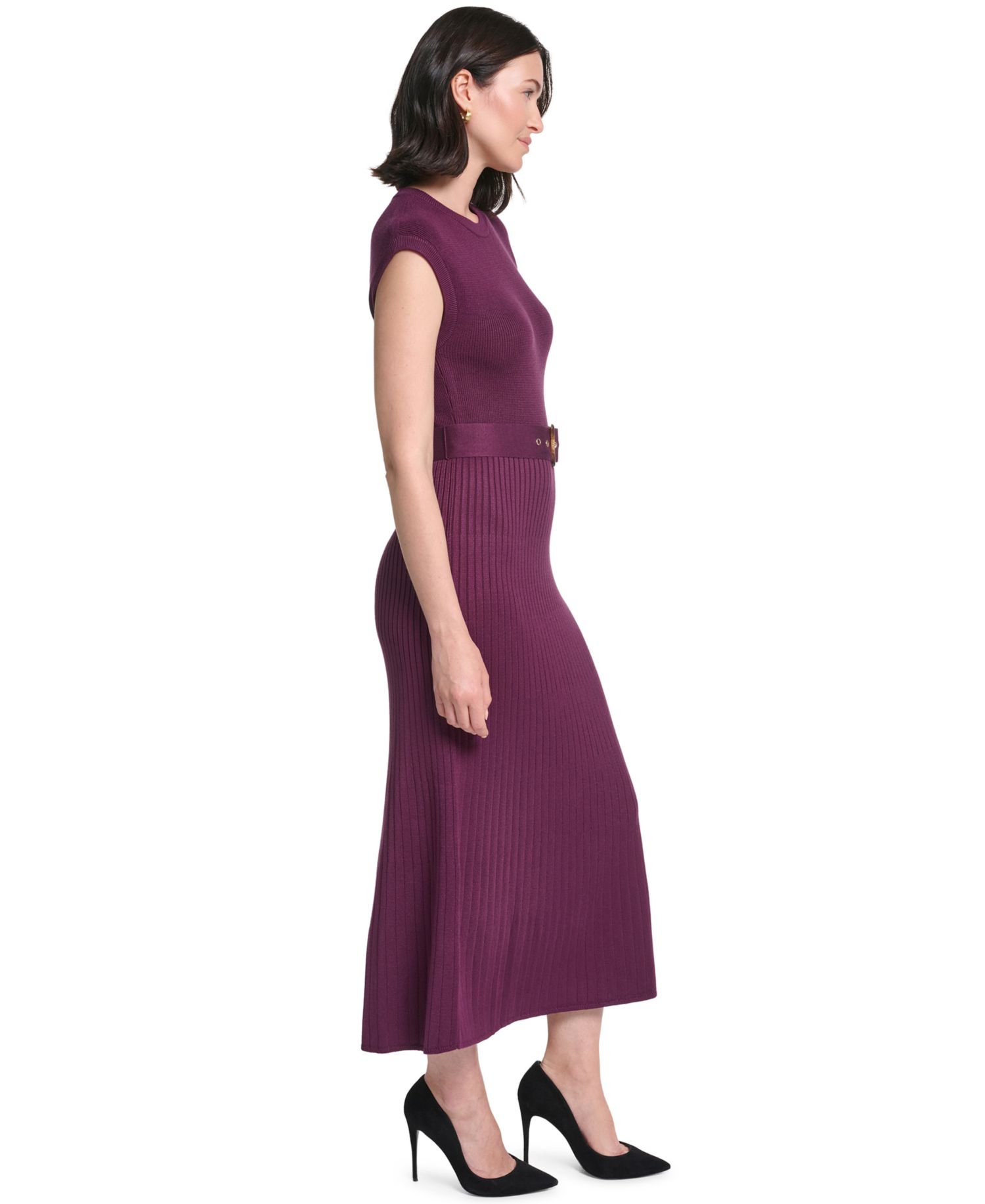 Petite Belted Midi Ribbed Dress