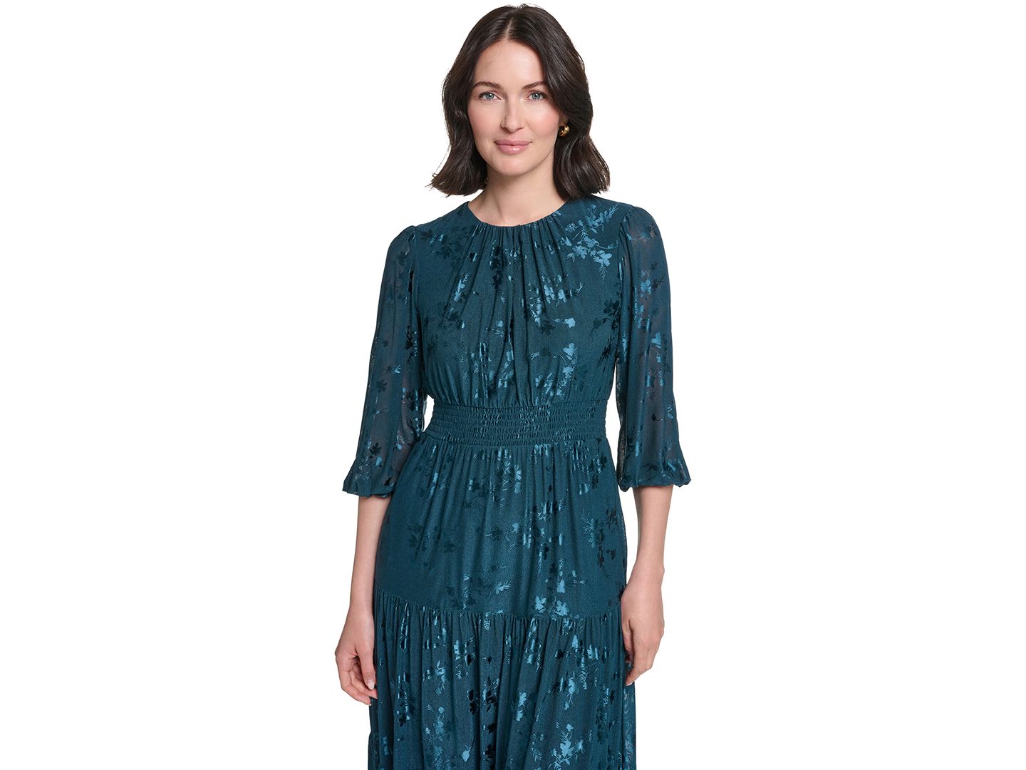 Женское платье Jessica Howard Petite 3/4-Sleeve Smocked Floral Midi, цвет: Тёмно-зелёный — фото 3