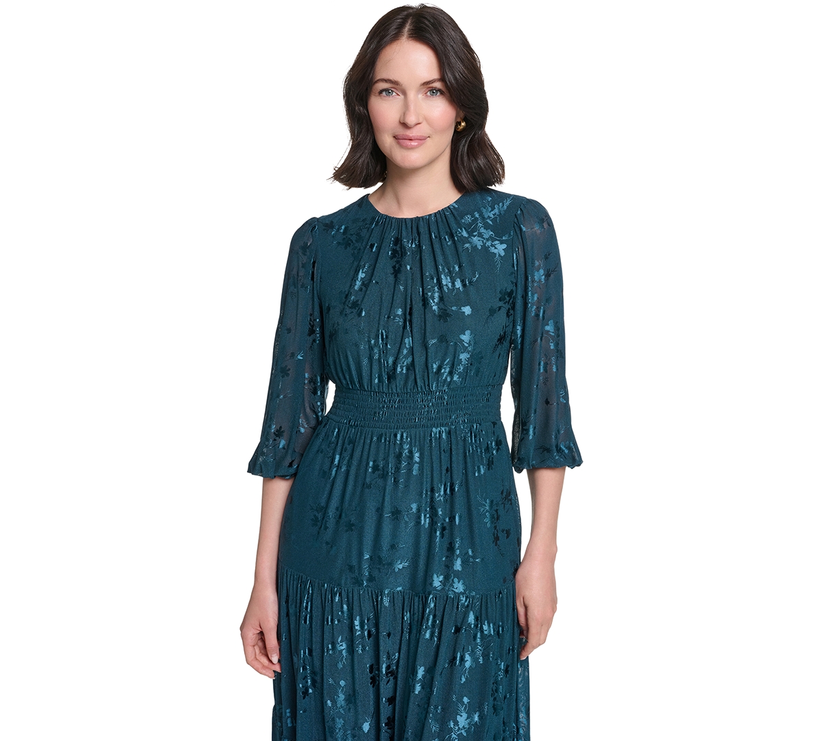 Jessica Howard Petite 3/4-Sleeve Smocked Floral Midi Dress