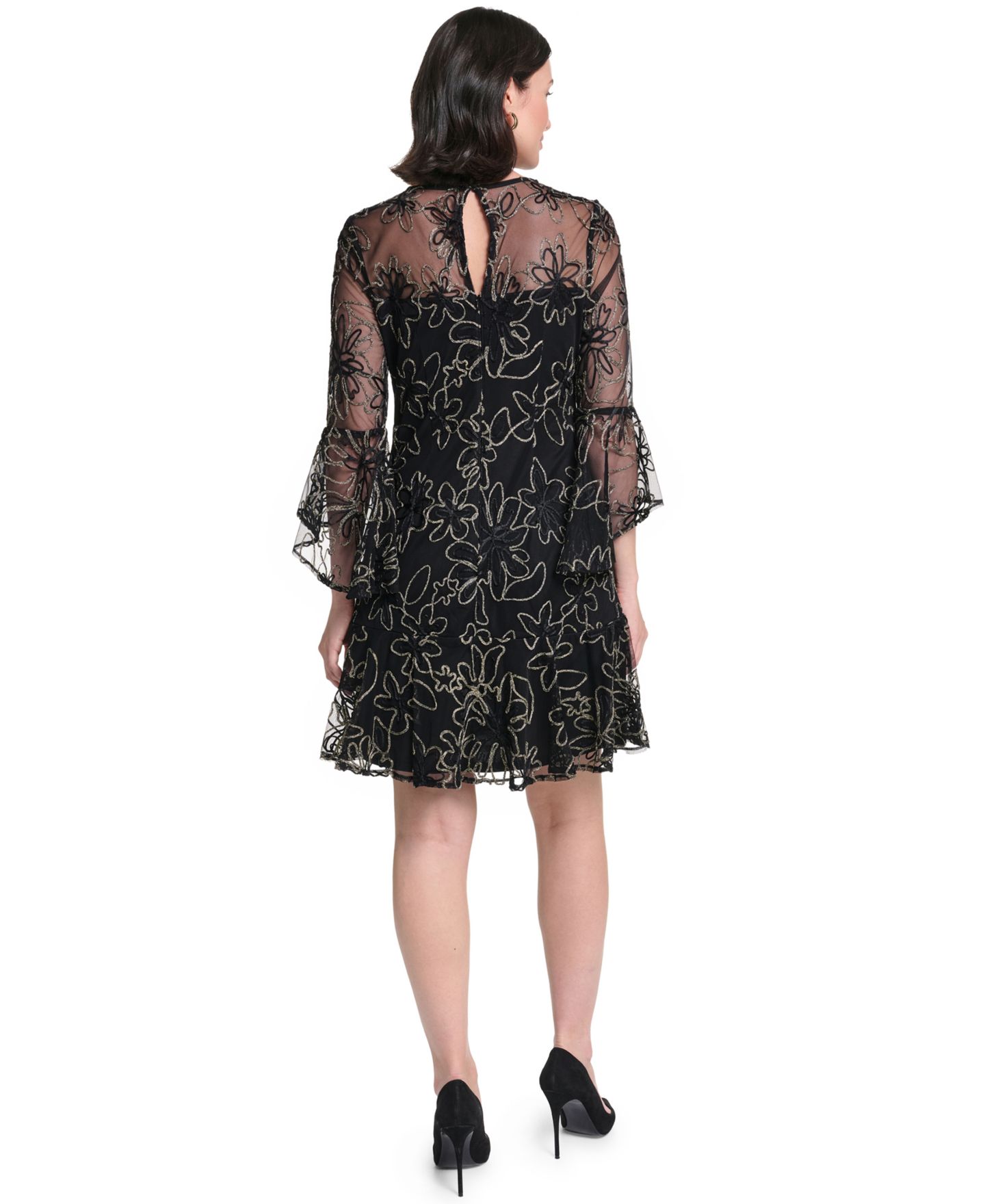 Женское платье Jessica Howard Petite Floral-Print Bell-Sleeve A-Line, цвет: Чёрный / Золотой — фото 5