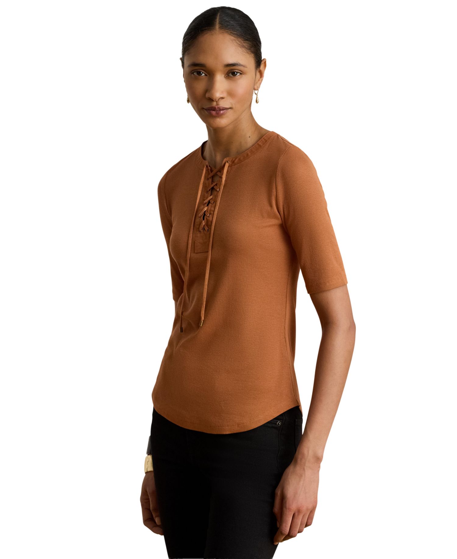 Women's Crewneck Lace-Up Ribbed Elbow-Sleeve T-Shirt