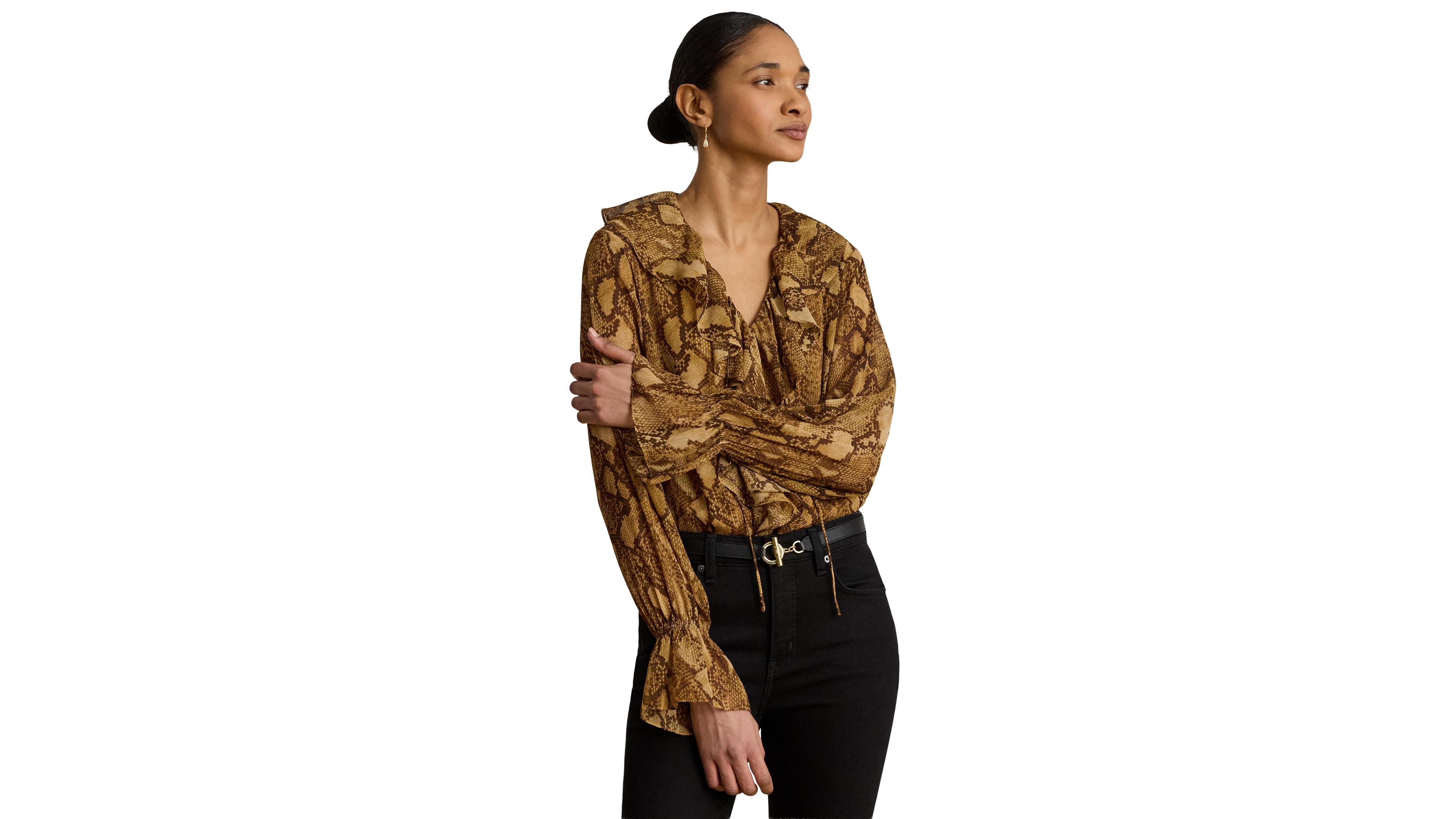 Lauren Ralph Ruffle-Trim V-Neck Blouse