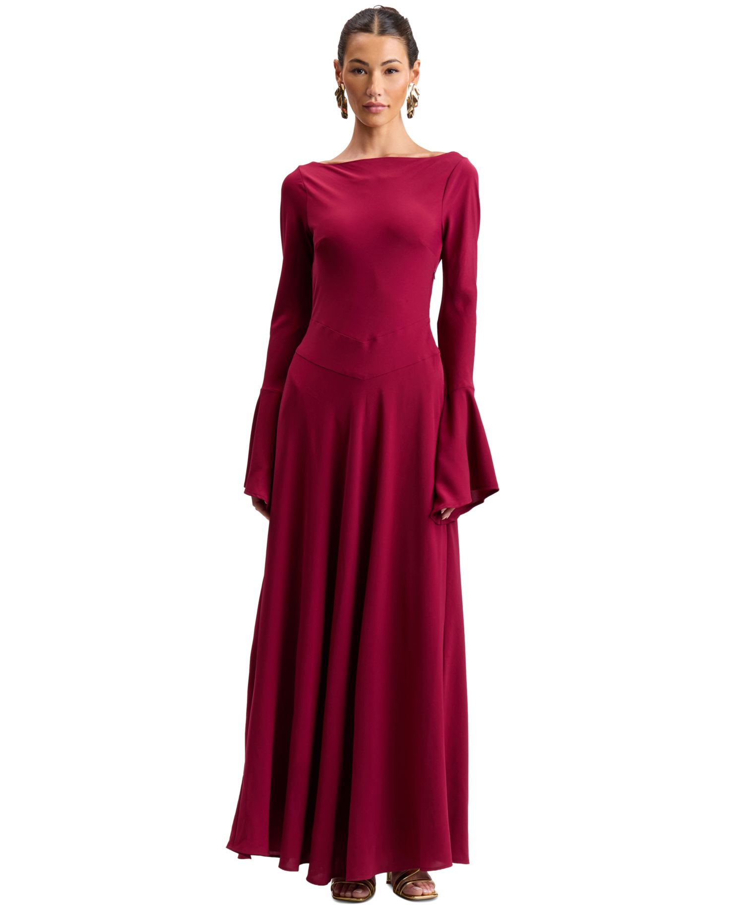 Women's Romantic Lace-Up Back Basque Waist Long High-Low Ruffle Sleeves Maxi Dress