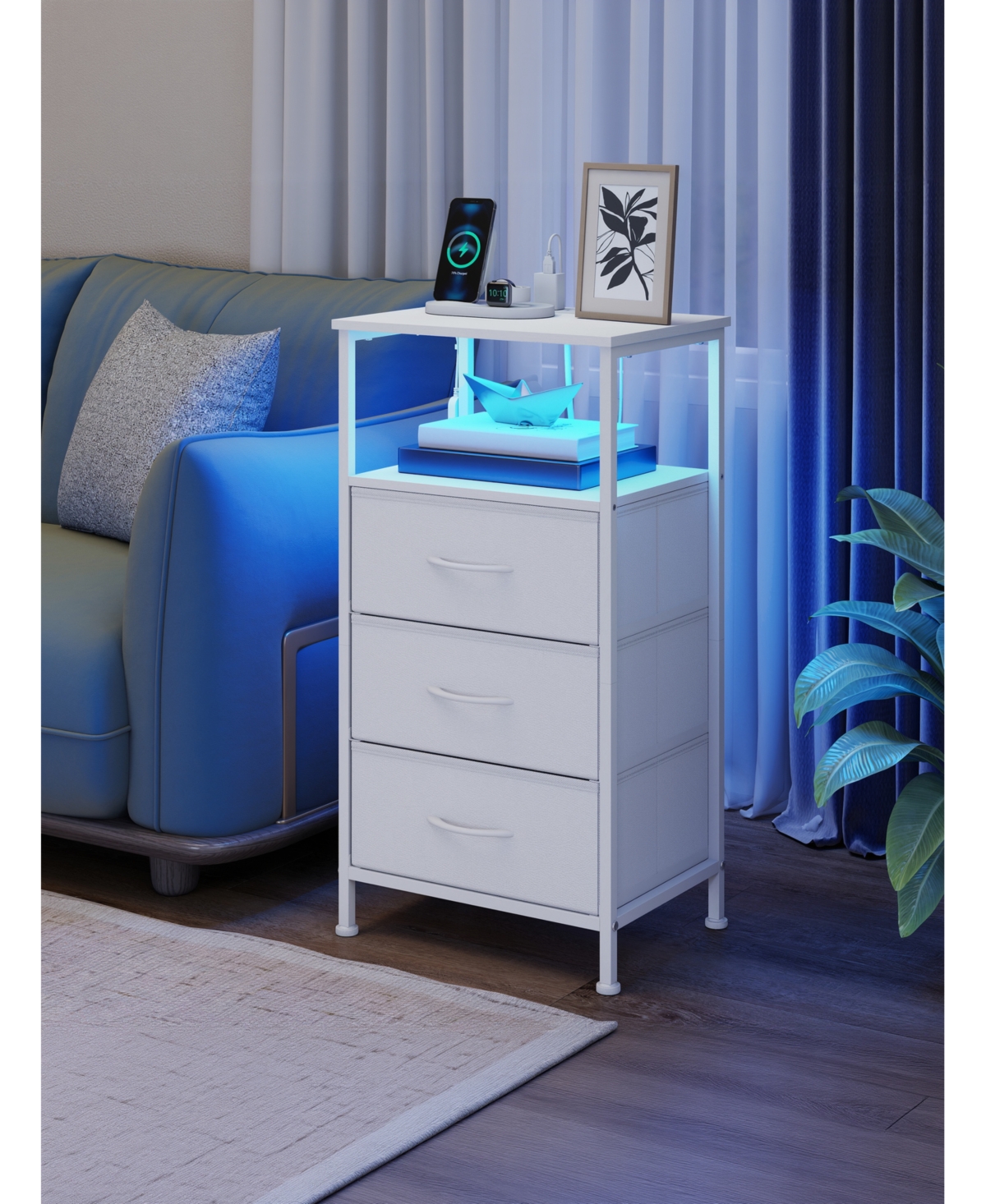 SongmicsHome Bedroom Bedside Table with Led Lights and Charging Station, Nightstand with 3 Drawers and 1 Shelf