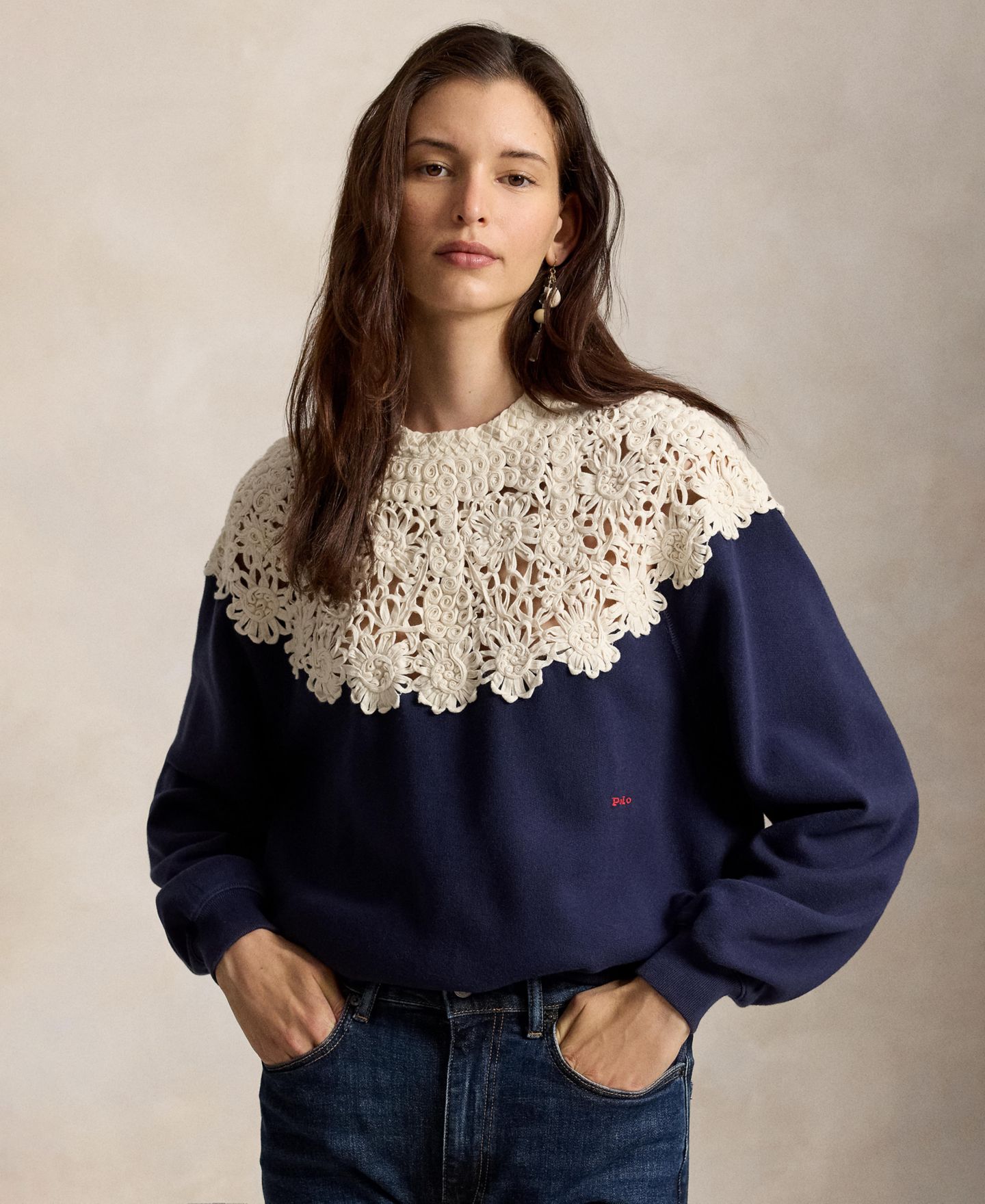 Женский свитшот Polo Ralph Lauren с кроше на кокетке и круглым вырезом, цвет: Тёмно-синий — фото 3