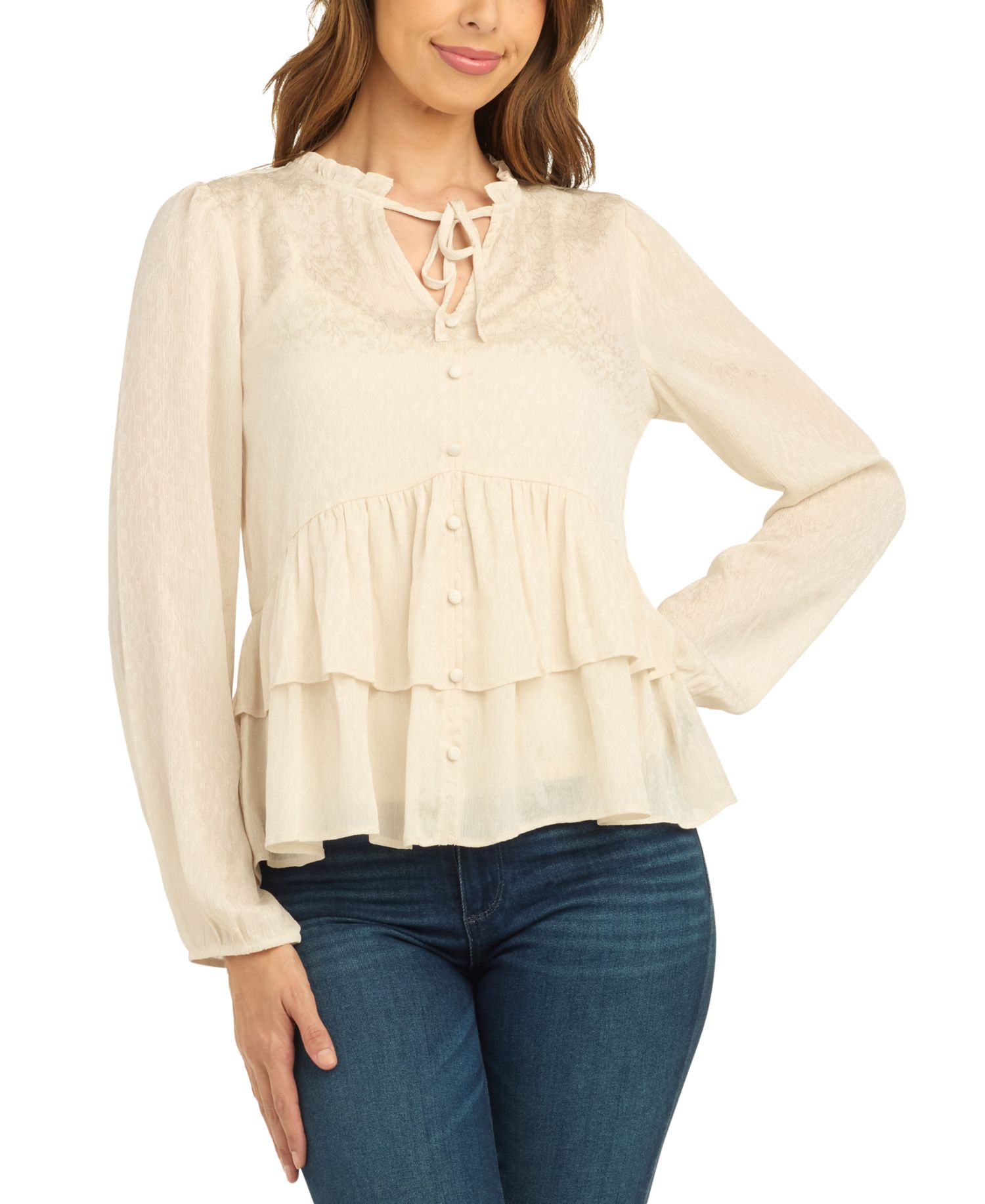 Juniors' Long-Sleeve Button-Front Peplum Chiffon Jacquard Blouse