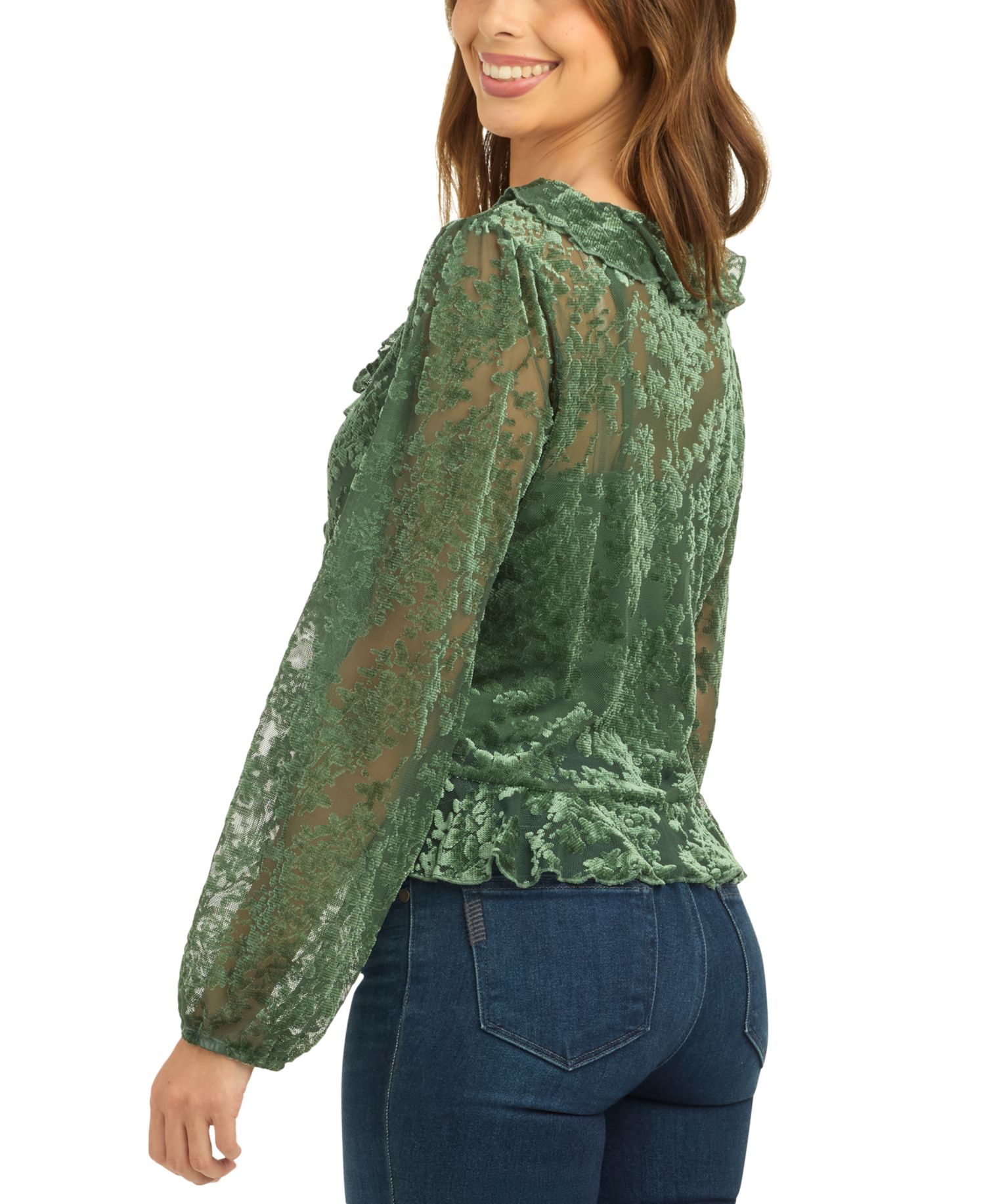Juniors' Mesh Velvet Burnout Crop Long-Sleeve Blouse