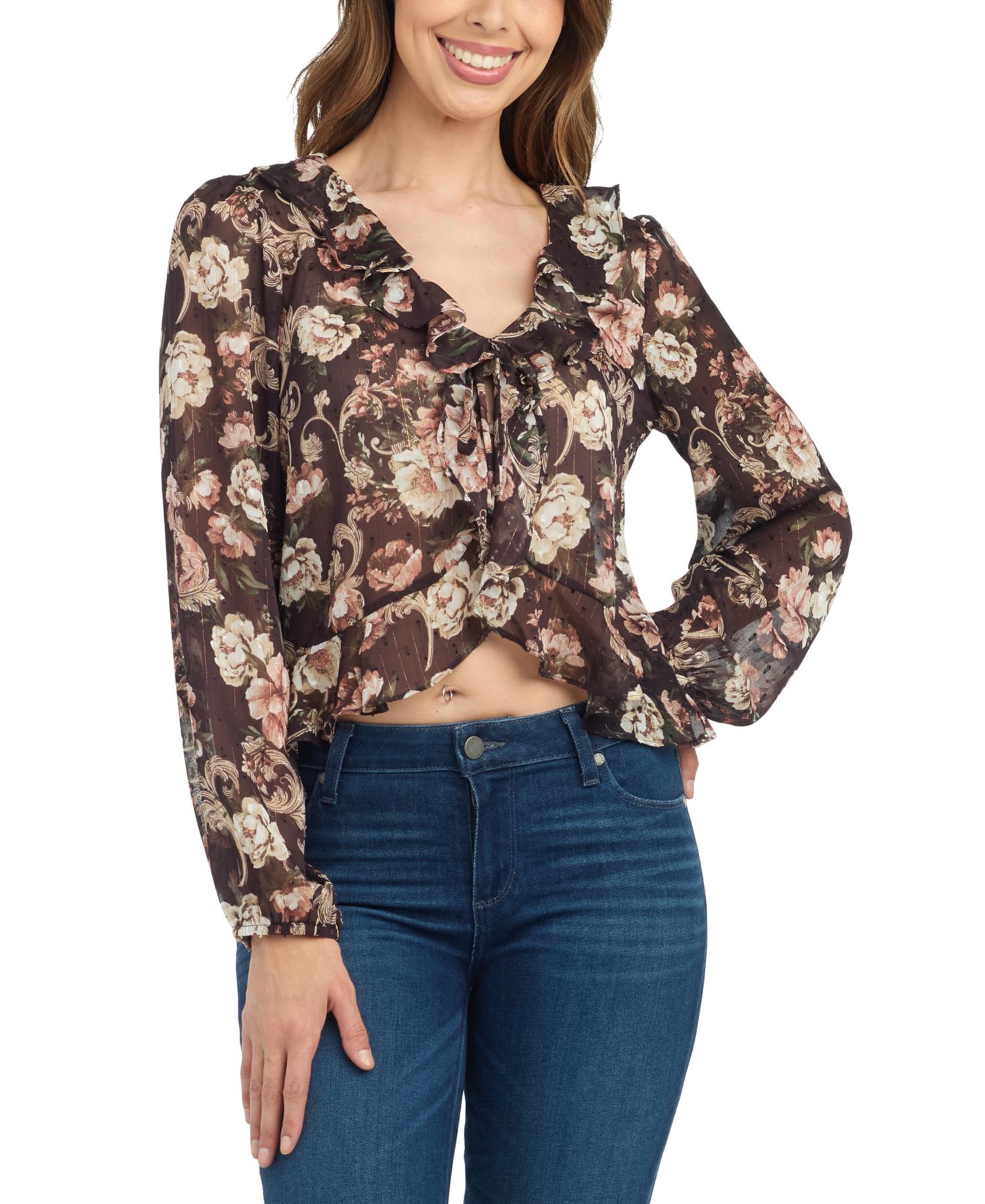 Juniors' Sheer Floral Chiffon Long-Sleeve Blouse