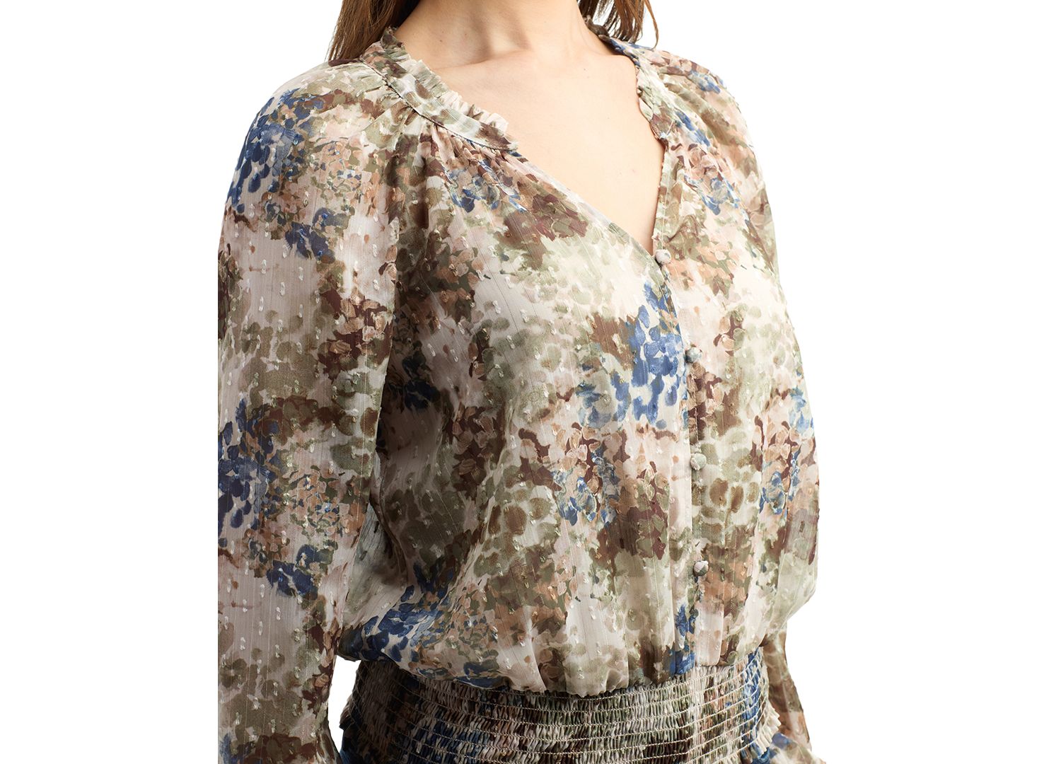 Juniors' Print Sheer Long-Sleeve Blouse