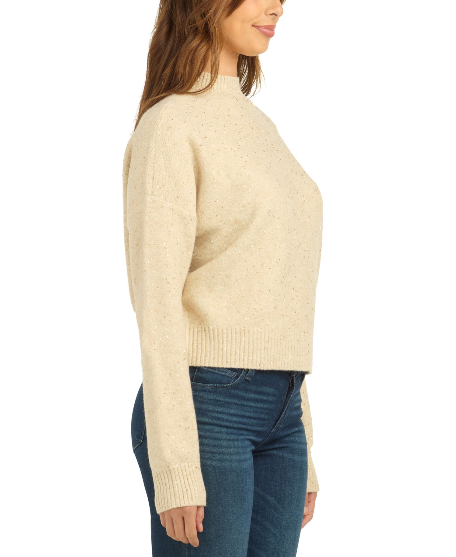 Juniors' Mock Neck Long-Sleeve Metallic Sweater