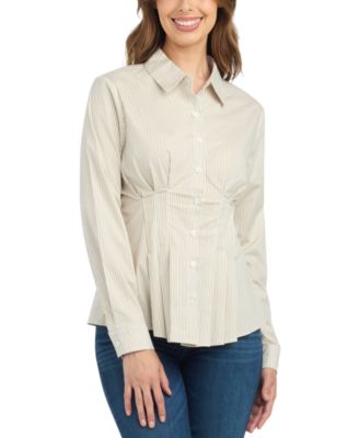 Juniors' Long-Sleeve Striped Point-Collar Blouse