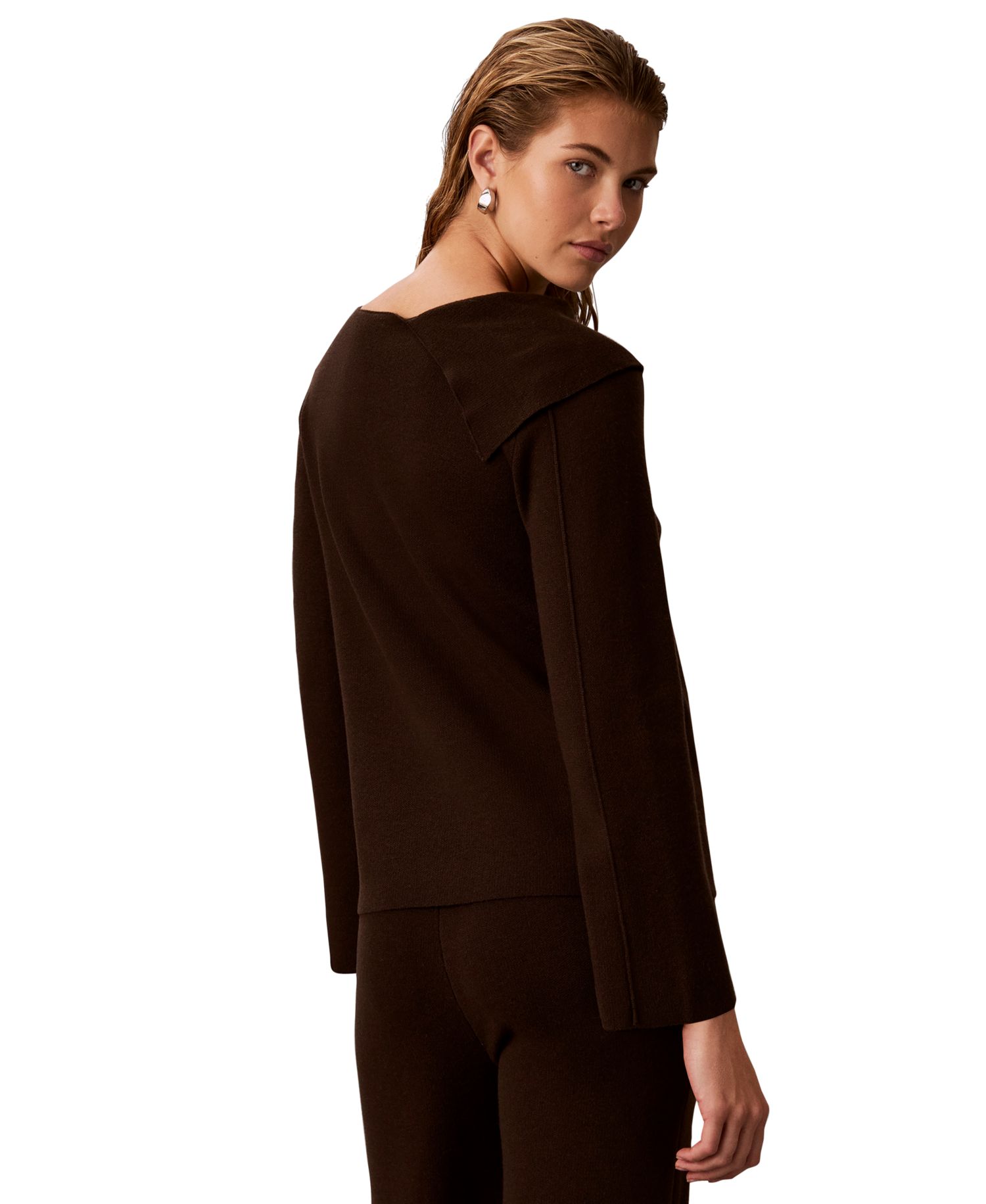 Petite Asymmetrical Drape Boat Neck Long-Sleeve Sweater