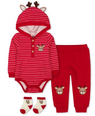 Boys' and Girls' Reindeer Holiday Hooded Bodysuit, Pants, and Socks, 3-Piece Set