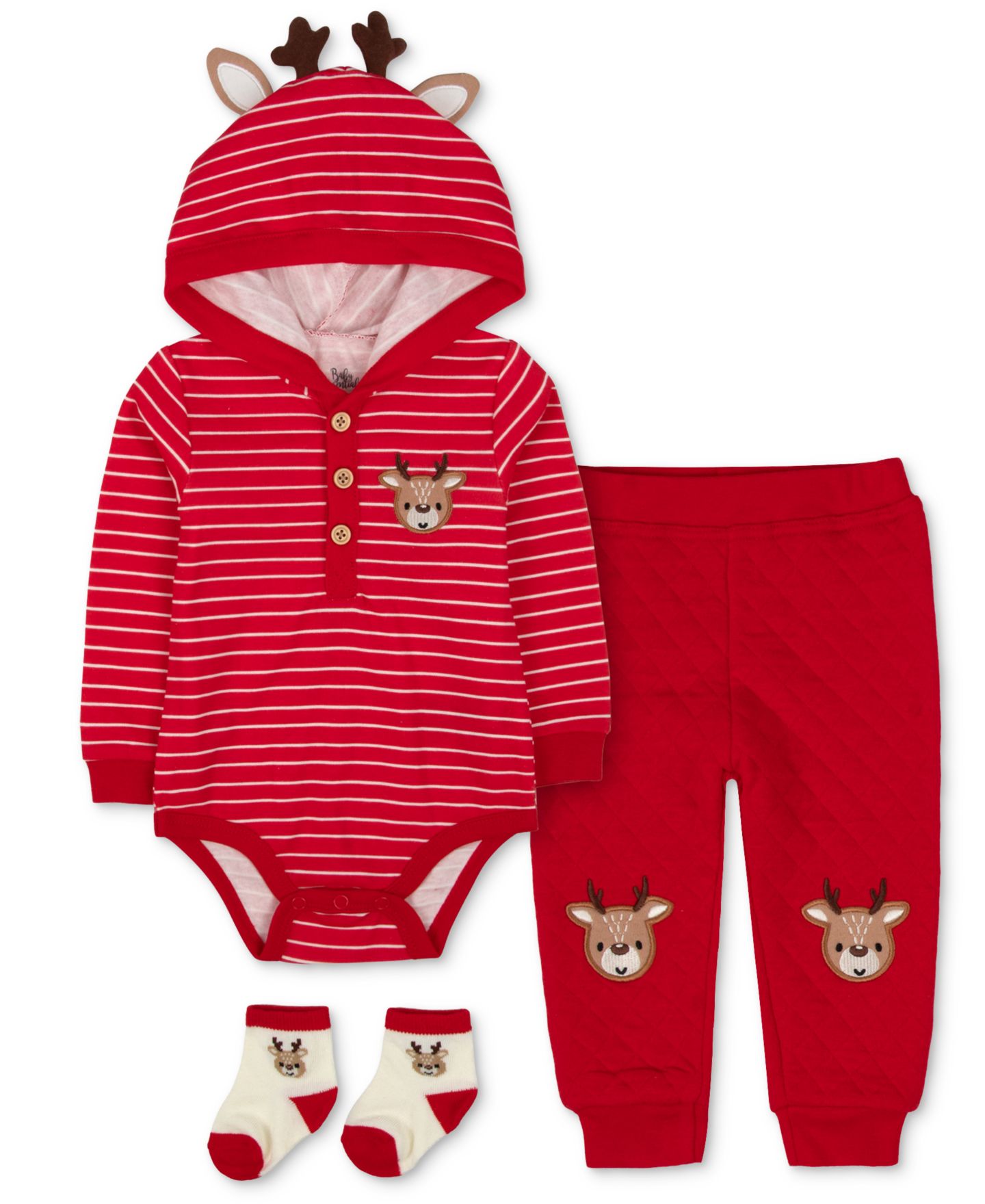 Baby Essentials Boys' and Girls' Reindeer Holiday Hooded Bodysuit, Pants, and Socks, 3-Piece Set, цвет: Красный — фото 1