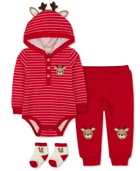 Baby Essentials Boys' and Girls' Reindeer Holiday Hooded Bodysuit, Pants, and Socks, 3-Piece Set, цвет: Красный