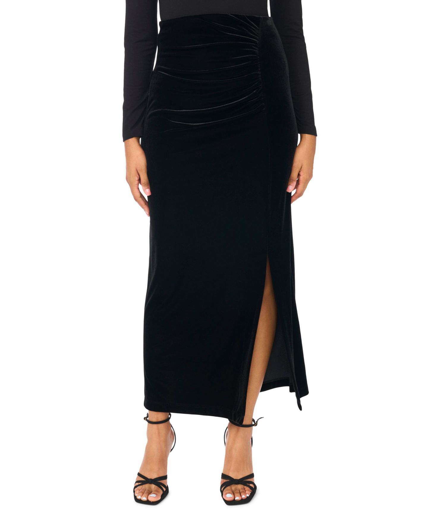 Женская юбка MSK High-Waisted Velvet Ruched Maxi, цвет: Чёрный — фото 1