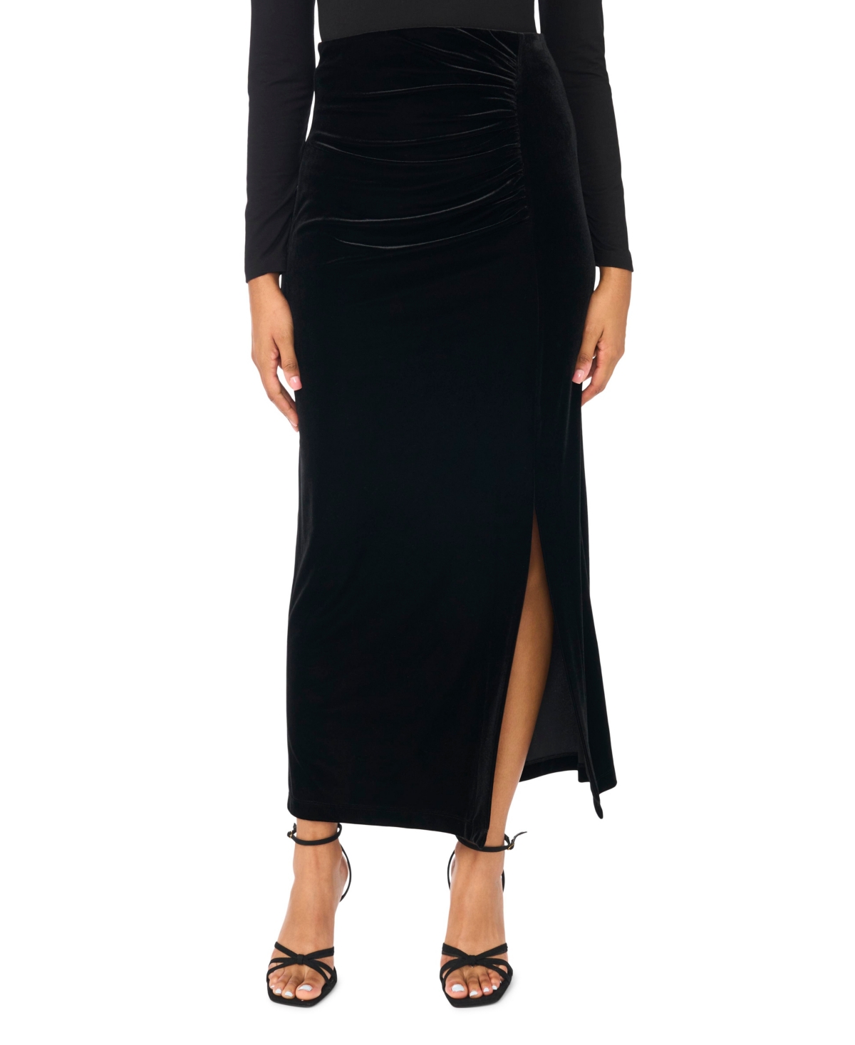 Msk Women's High-waisted Velvet Ruched Maxi Skirt In Black
