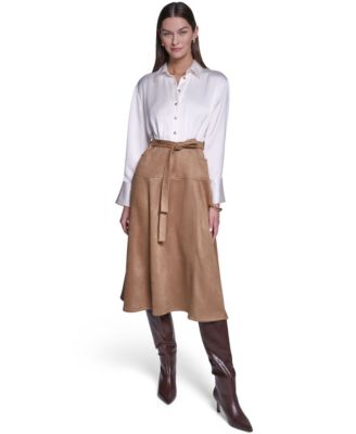 Women's Colorblock A-Line Long-Sleeve Satin & Suede Midi Shirt Dress