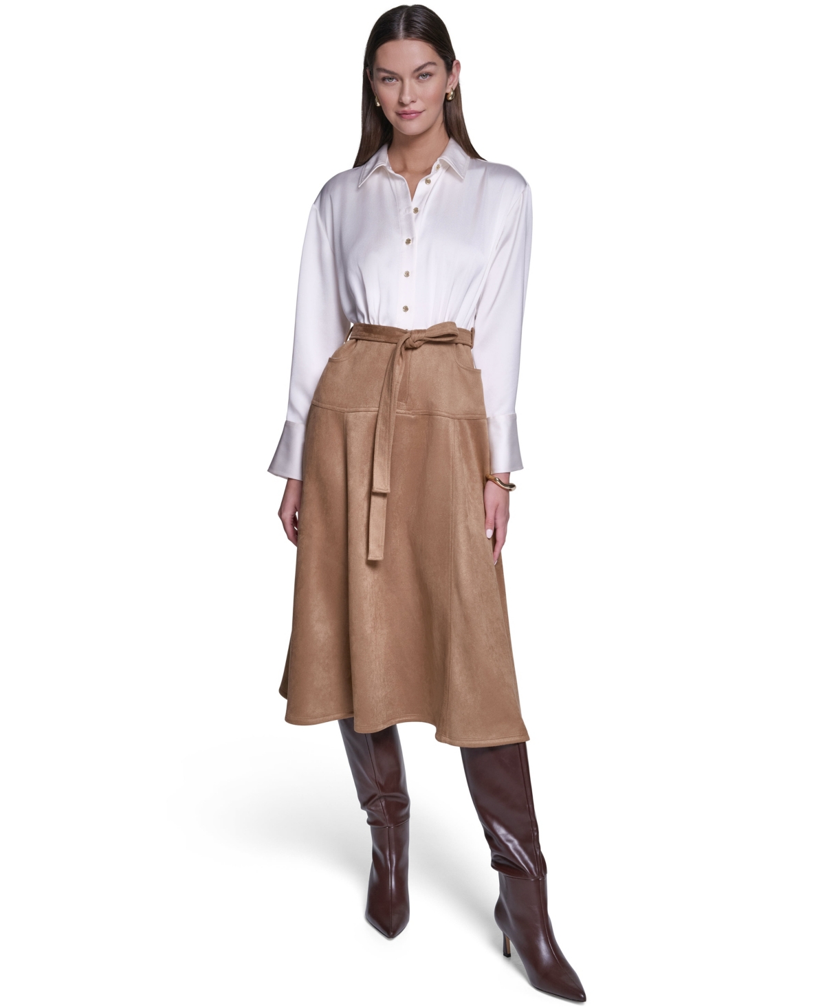 Halston Women's Colorblock A-Line Long-Sleeve Satin & Suede Midi Shirt Dress - Ivory/Spiced Almond