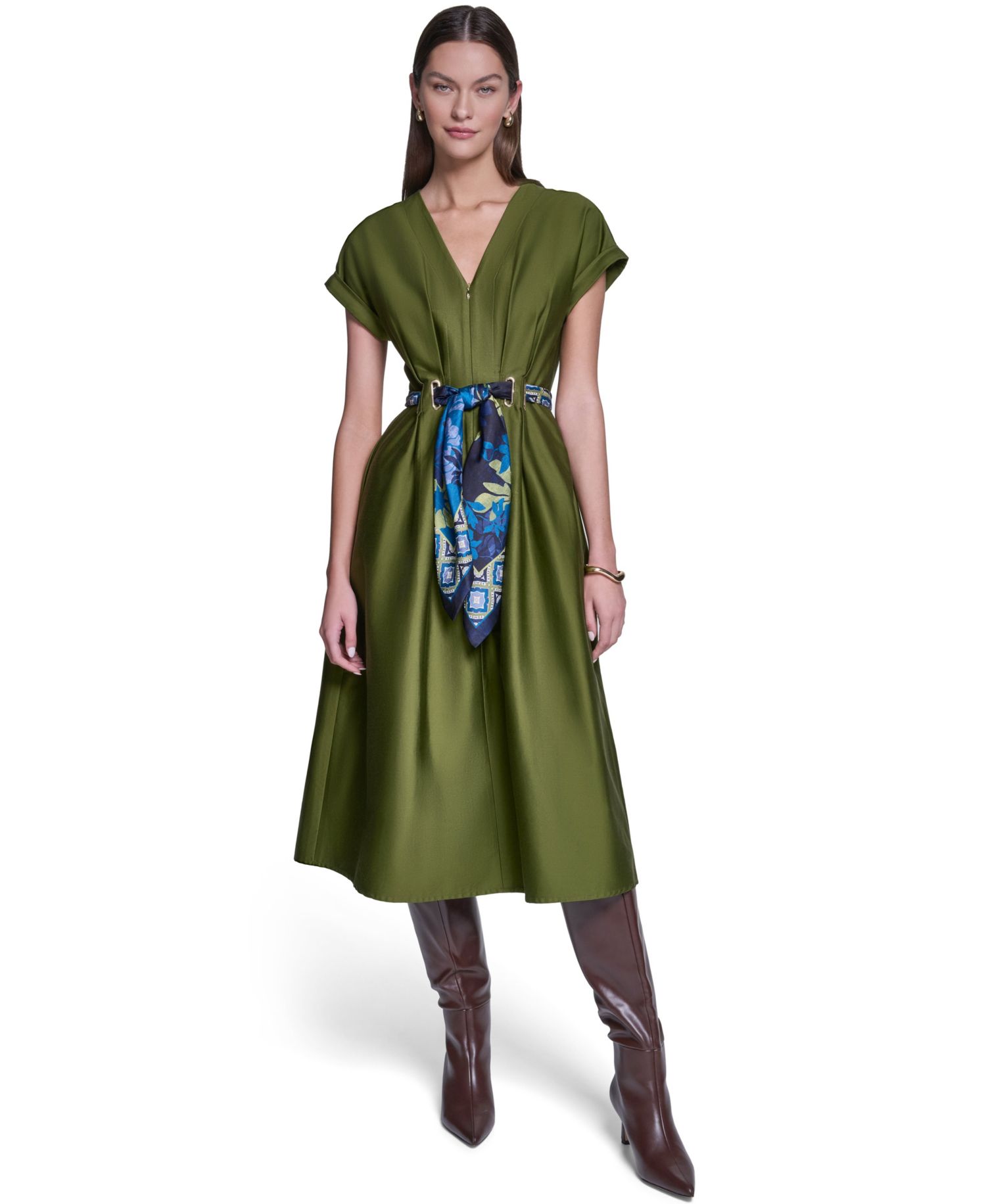 Women's Scarf-Belt V-Neck A-Line Midi Shirt Dress