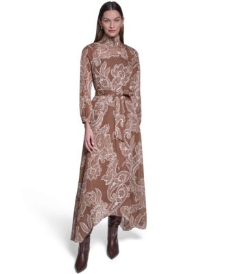 Women's Paisley-Printed Long-Sleeve Chiffon Midi Dress
