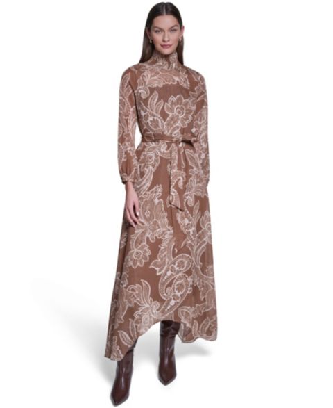 Женское платье Halston Paisley-Printed Long-Sleeve Chiffon Midi, цвет: Рыжевато-коричневый разноцветный