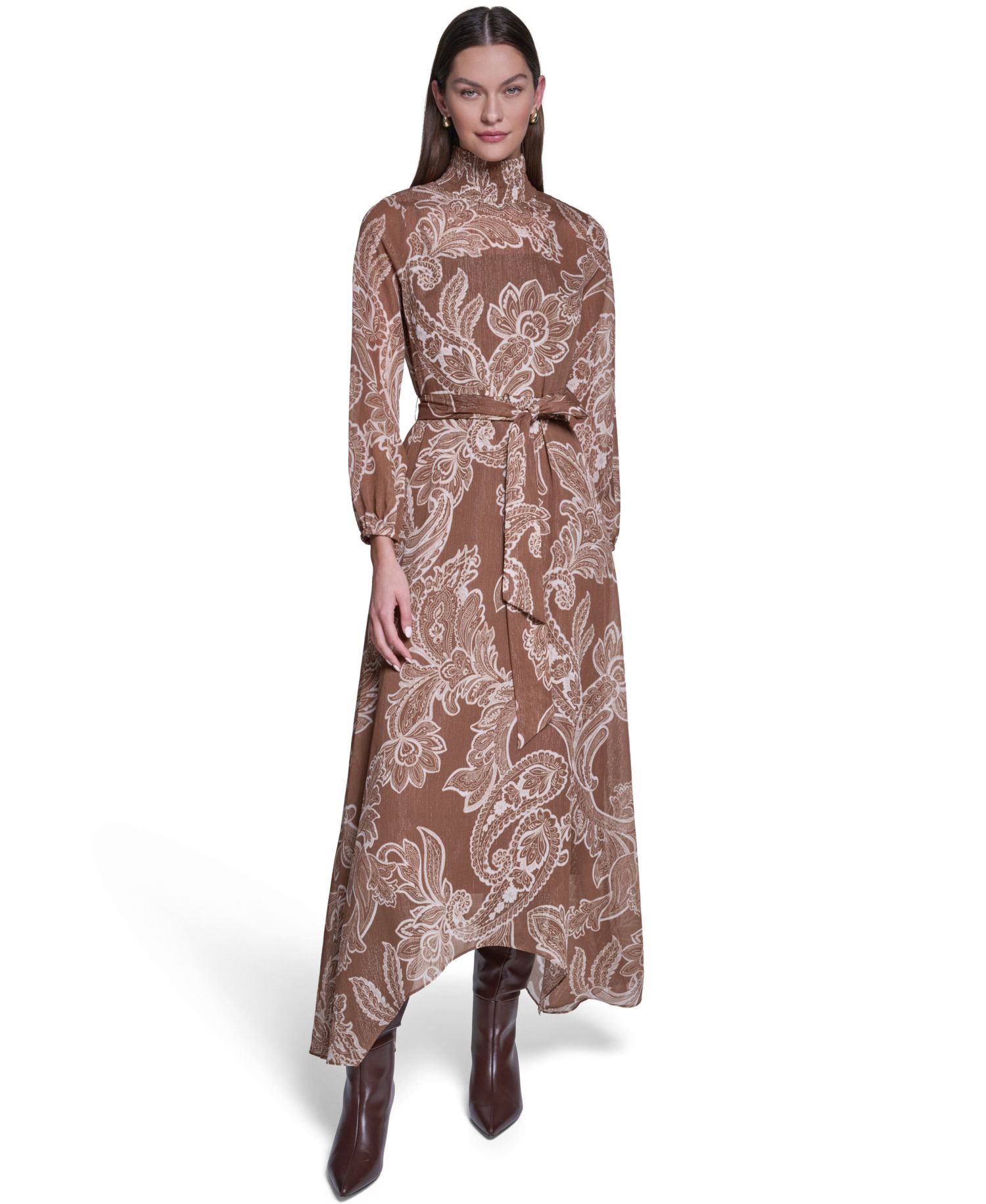 Women's Paisley-Printed Long-Sleeve Chiffon Midi Dress