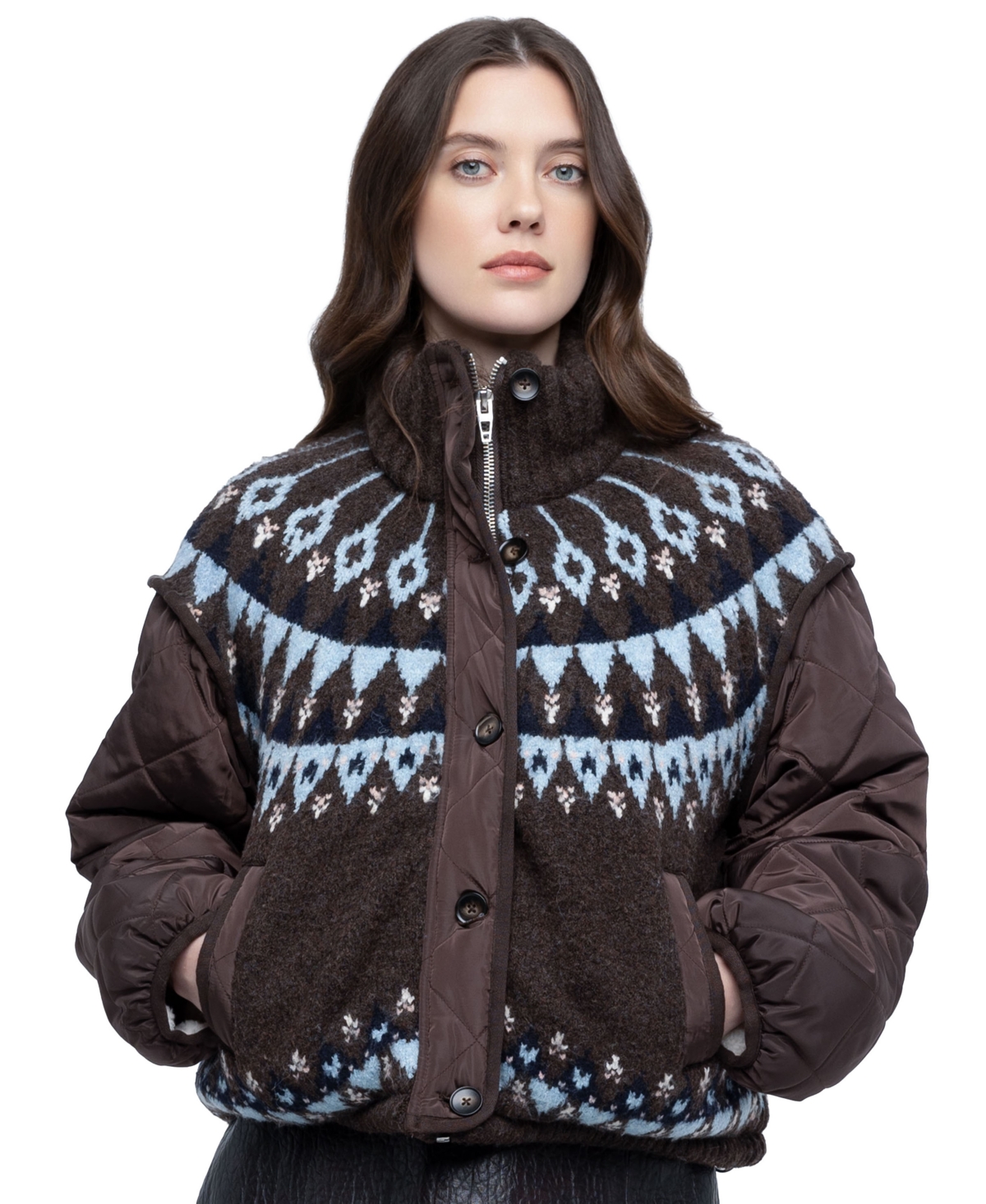 Blank Nyc Women's Side Quest Puffer Fair Isle Quilted Jacket - Side Quest