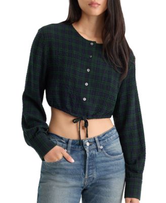 Women's Crinkle Cinched Plaid Long-Sleeve Blouse