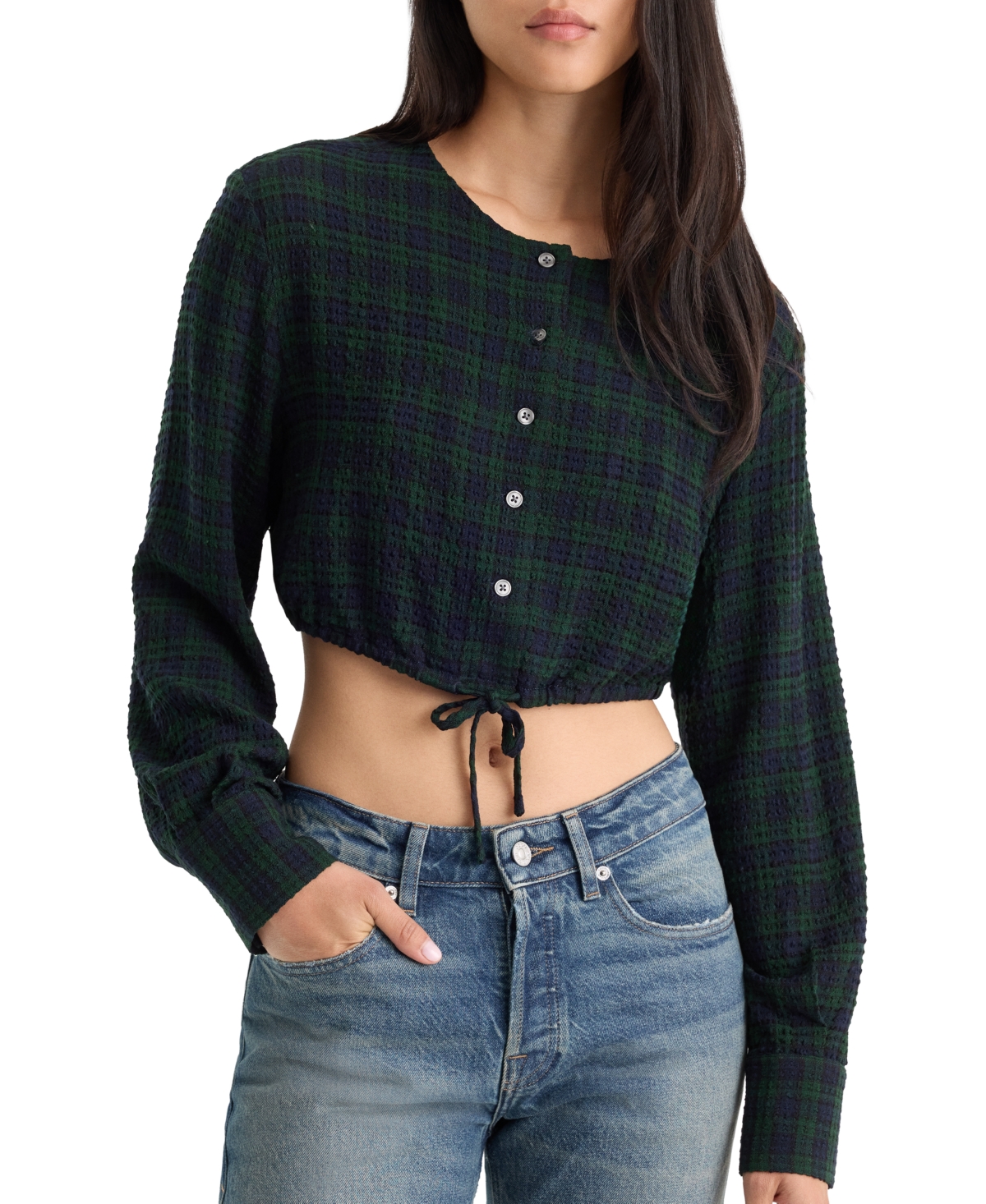 Good American Women's Crinkle Cinched Plaid Long-Sleeve Blouse