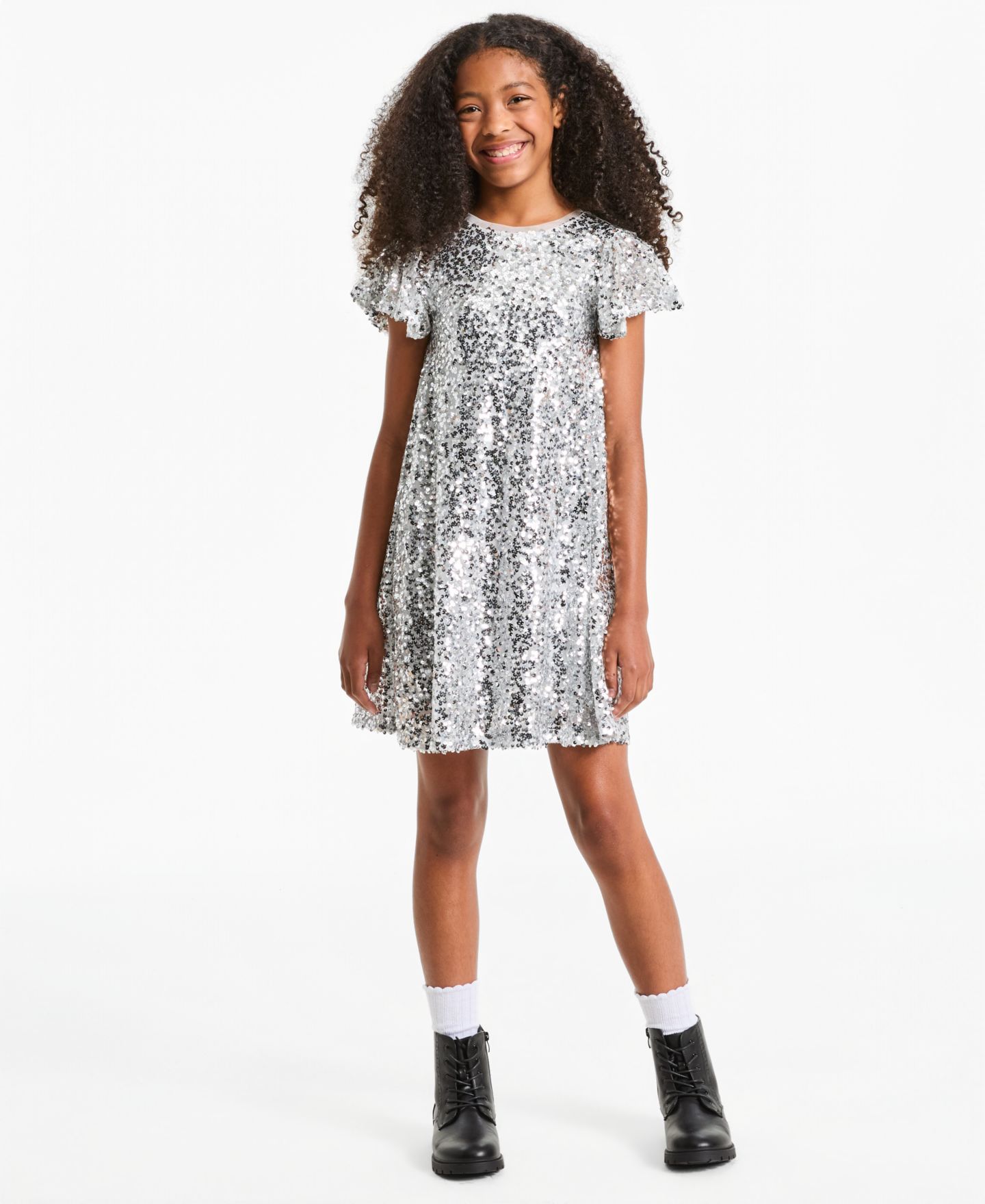 Платье Epic Threads Sequin Flutter-Sleeve A-Line Dress для девочек, цвет: Серебряный — фото 1