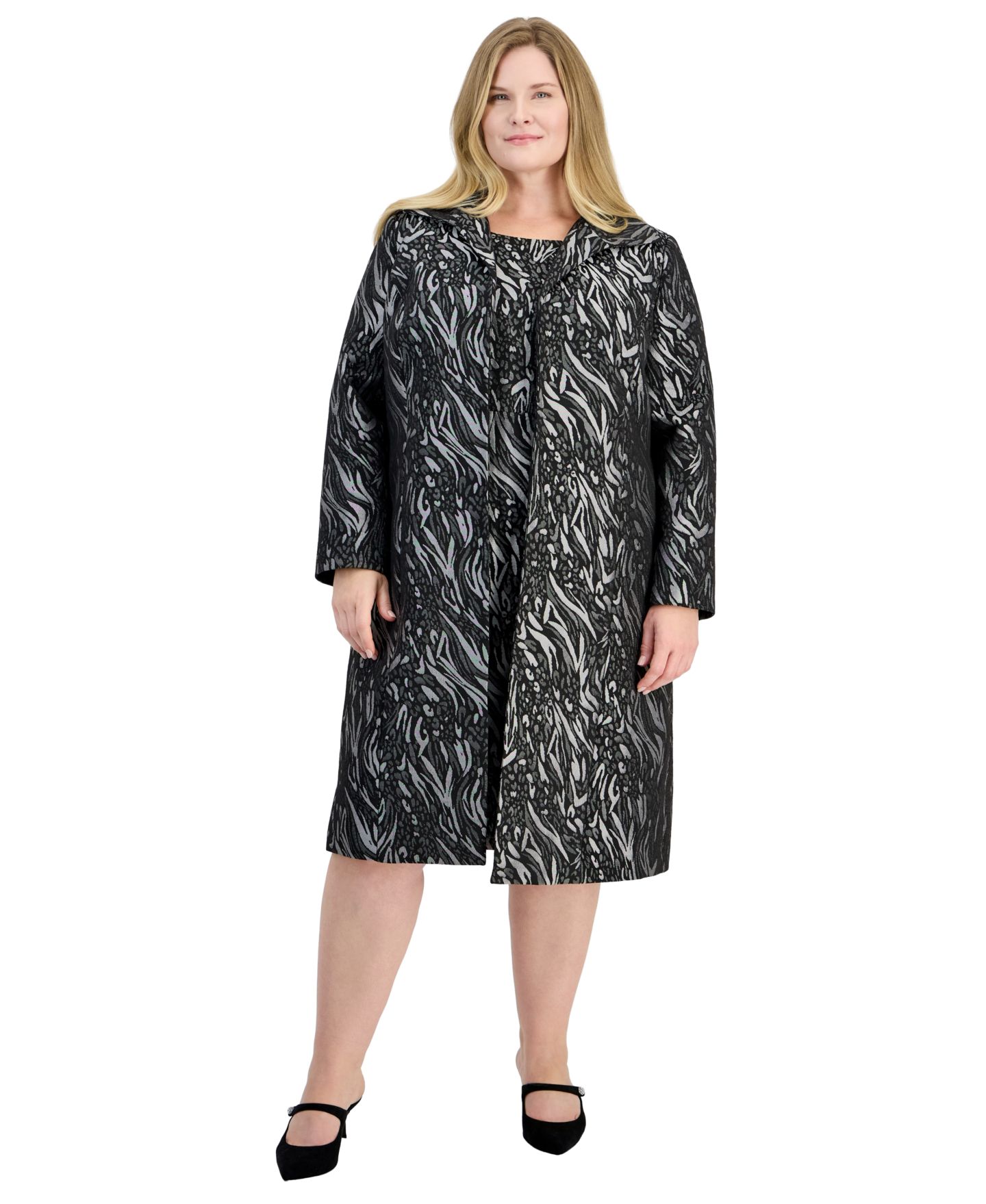 Женская куртка Kasper Plus Size Wing Collar Jacquard, цвет: Светлый оловянный / Чёрный — фото 1