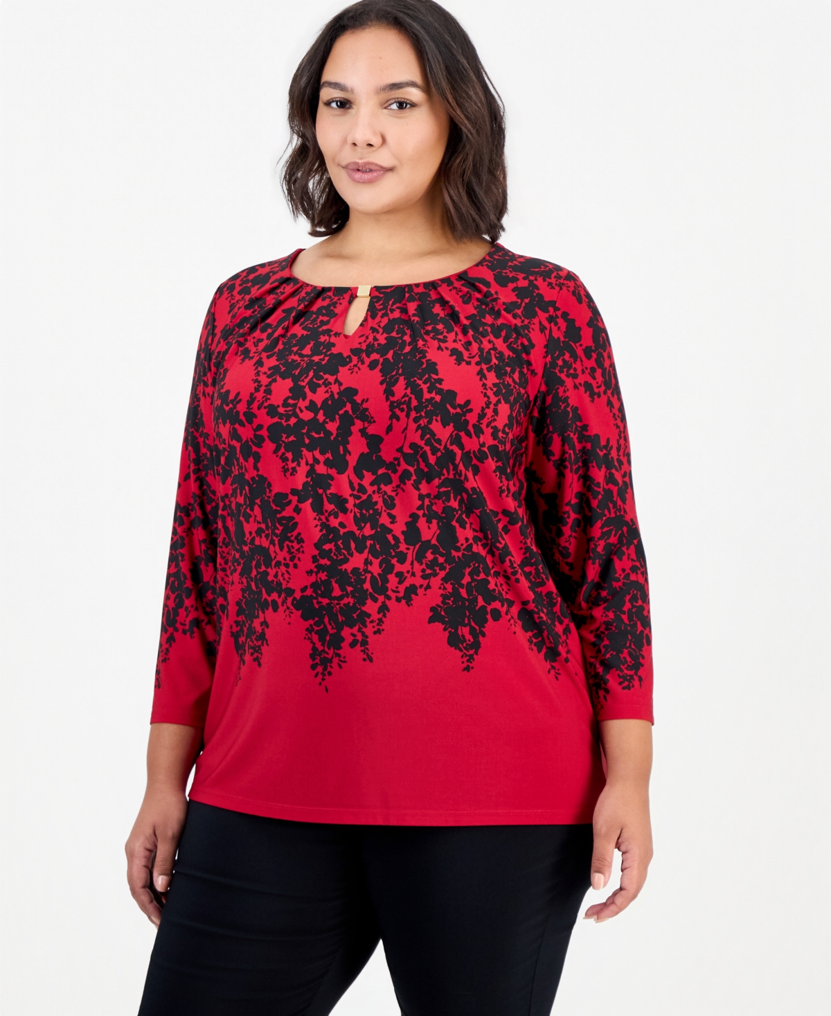 Kasper Plus 3/4-Sleeve Floral Keyhole Blouse