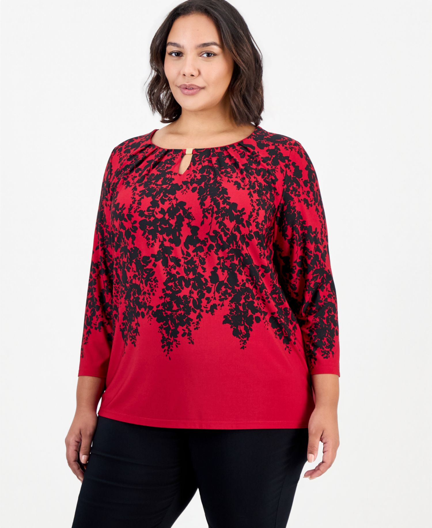 Plus Size 3/4-Sleeve Floral Keyhole Blouse