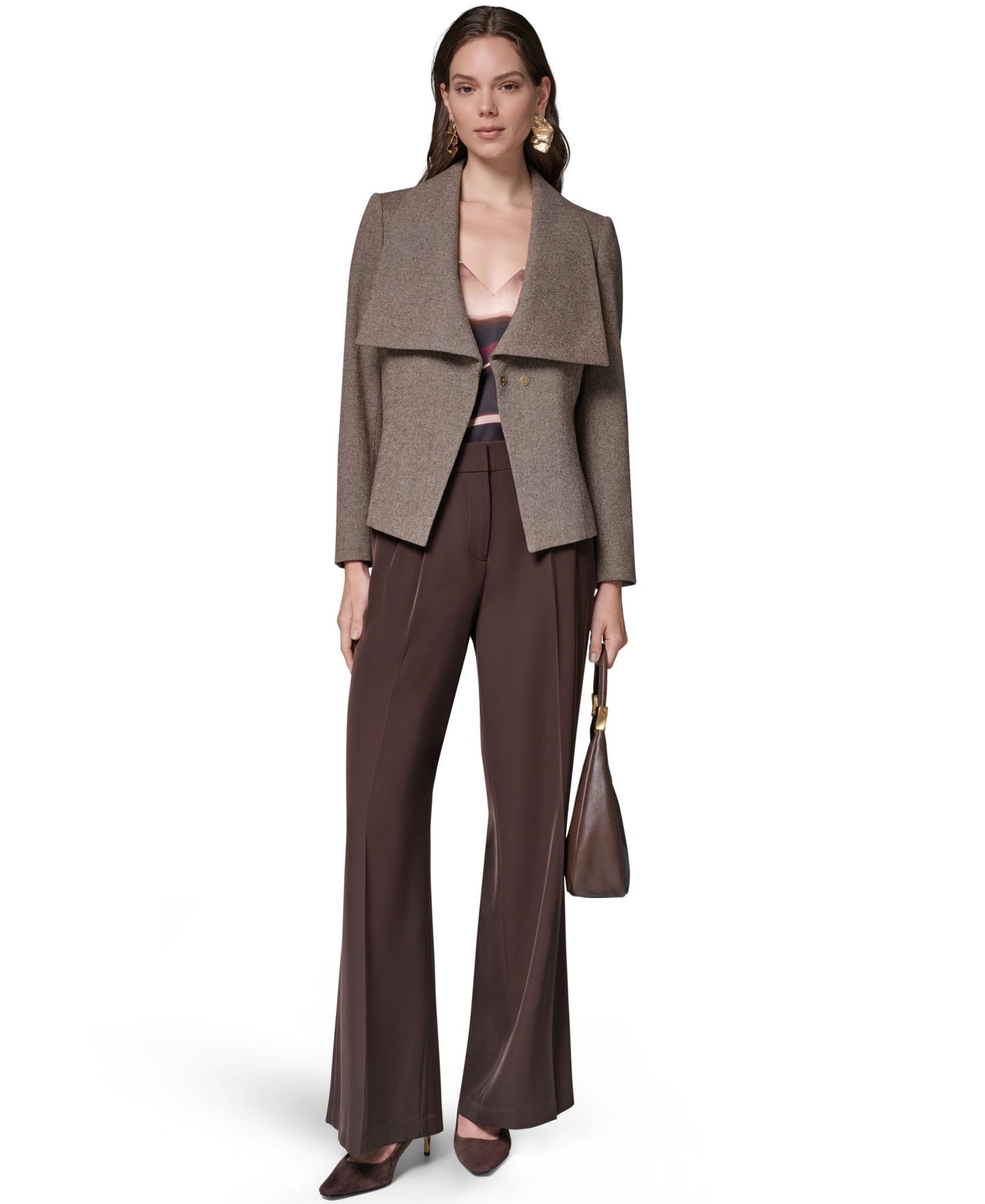 Женский пиджак Donna Karan New York Women Cropped Shoulder-Padded Belted Blazer, цвет: Тёмно-коричневый / Золотой — фото 8