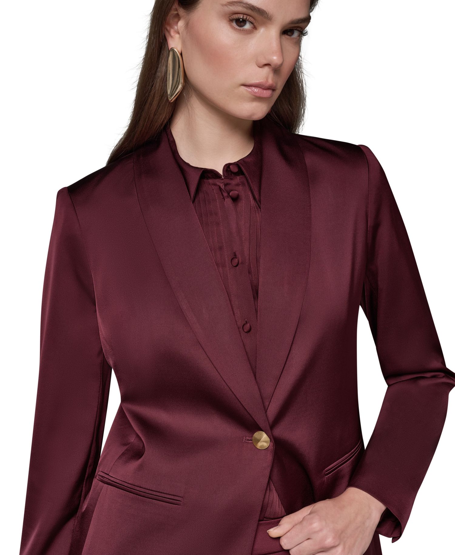 Petite Satin Shawl Lapel Shoulder-Padded Blazer