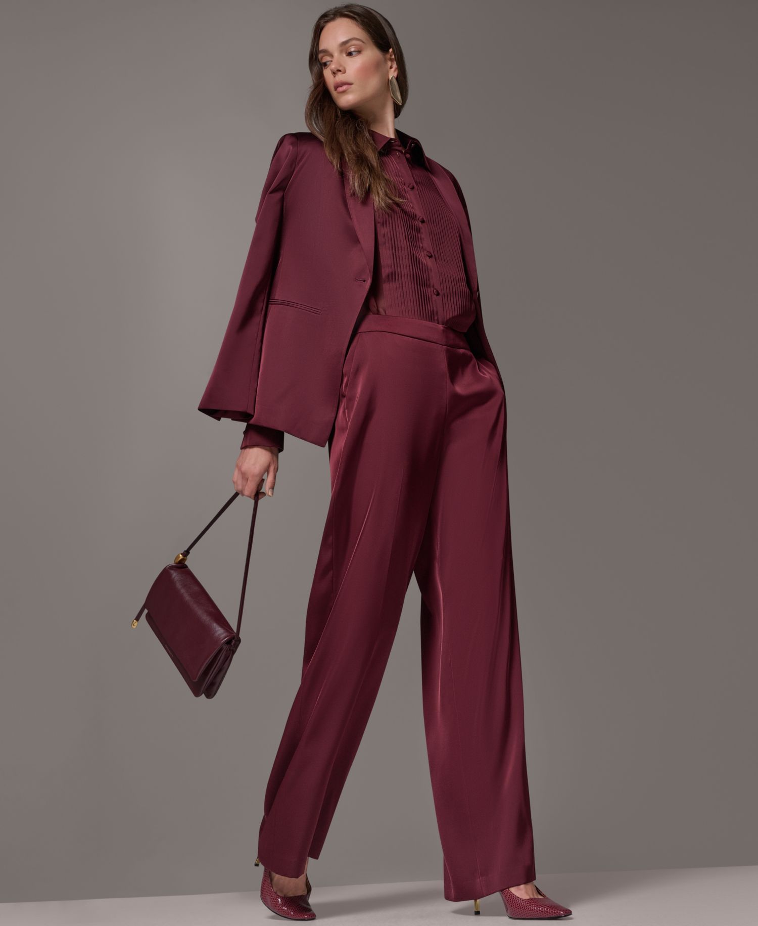 Petite Satin Shawl Lapel Shoulder-Padded Blazer