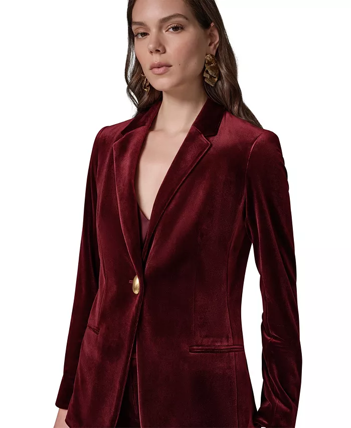 Women's Classic Velvet 1-Button Shoulder-Padded Blazer - thumbnail 4