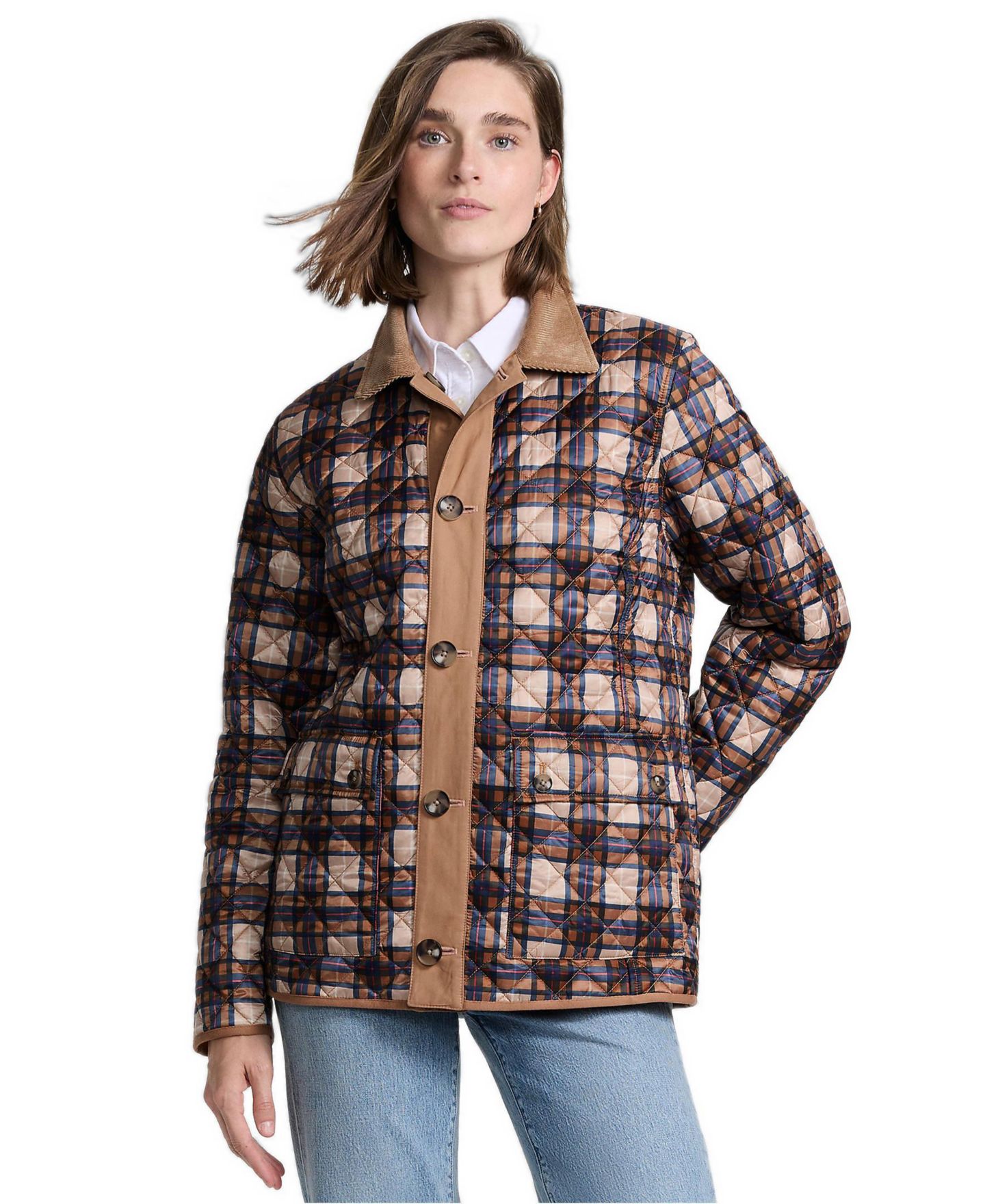 Женская куртка Lands' End Print Reversible Barn Quilted Insulated, цвет: Оранжевый имбирный / Клетчатый — фото 3