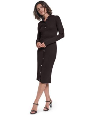 Women's Mock Neck Midi Button Front Sweater Dress
