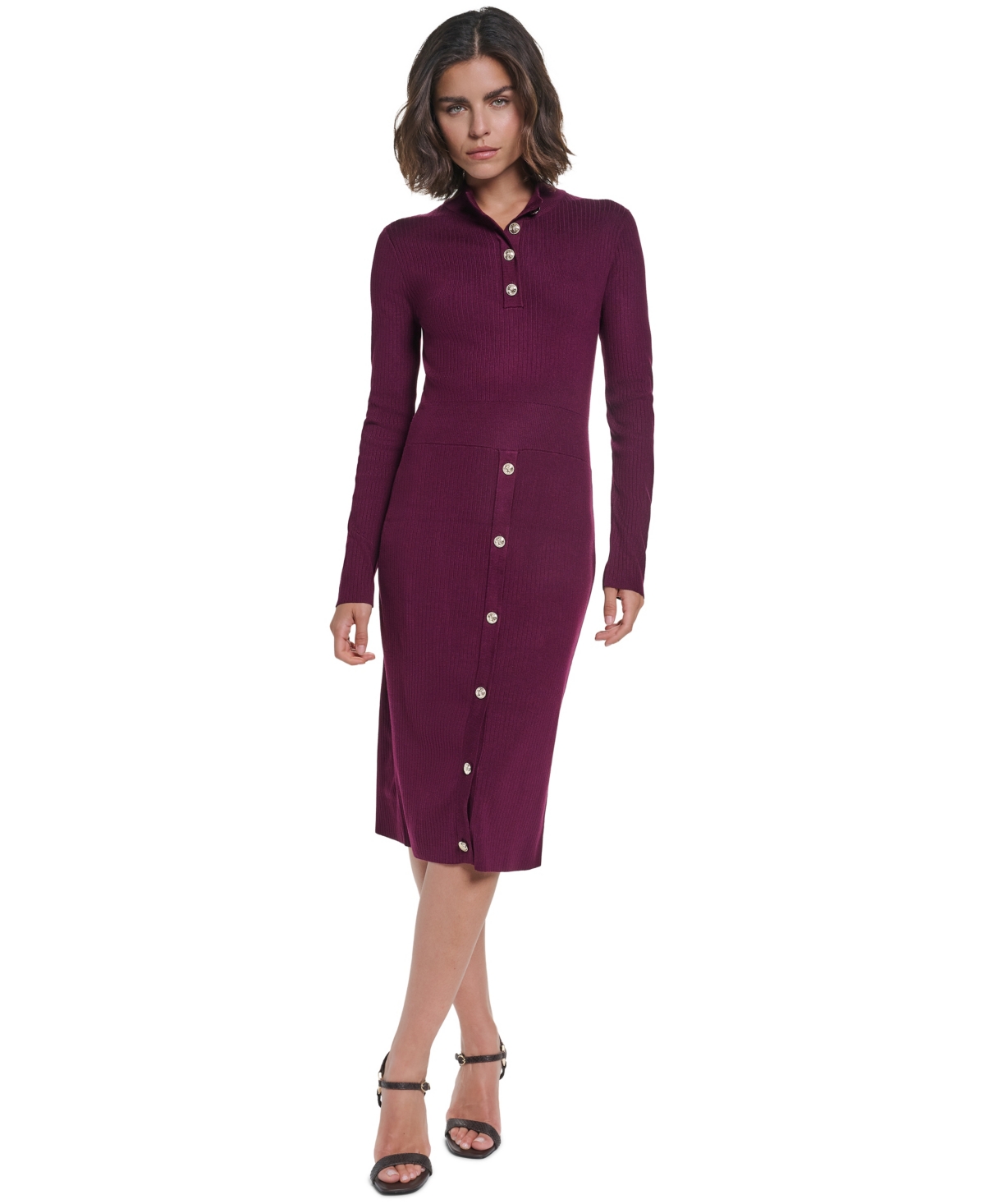 Karl Lagerfeld Paris Women's Mock Neck Midi Button Front Sweater Dress