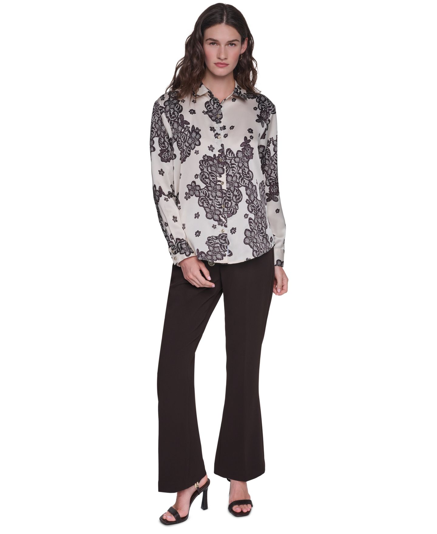 Женская блузка KARL LAGERFELD PARIS Long-Sleeve Printed Collared Blouse, цвет: Берёзовый / Шоколадный — фото 6