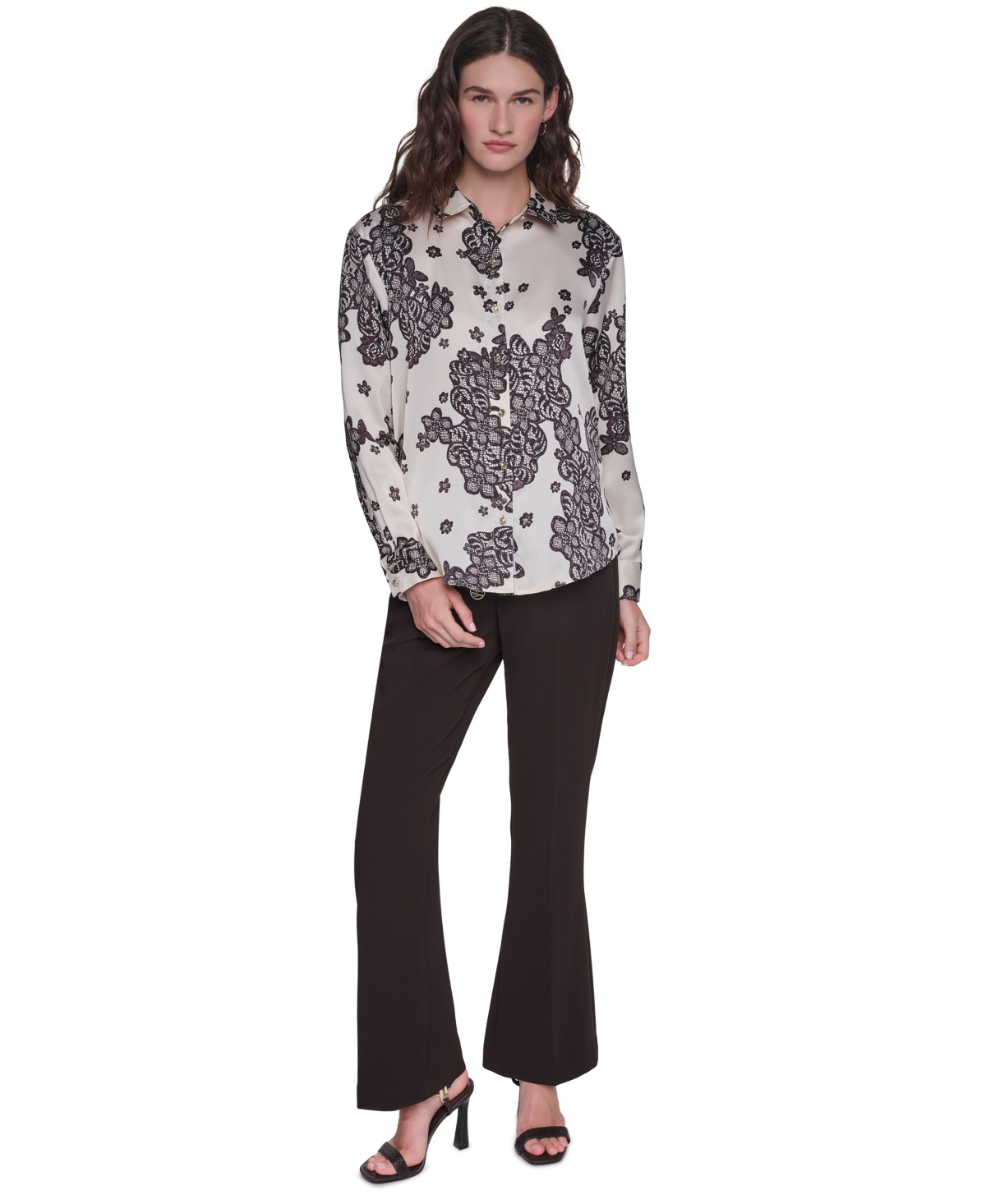 Karl Lagerfeld Paris Women's Long-Sleeve Printed Collared Blouse