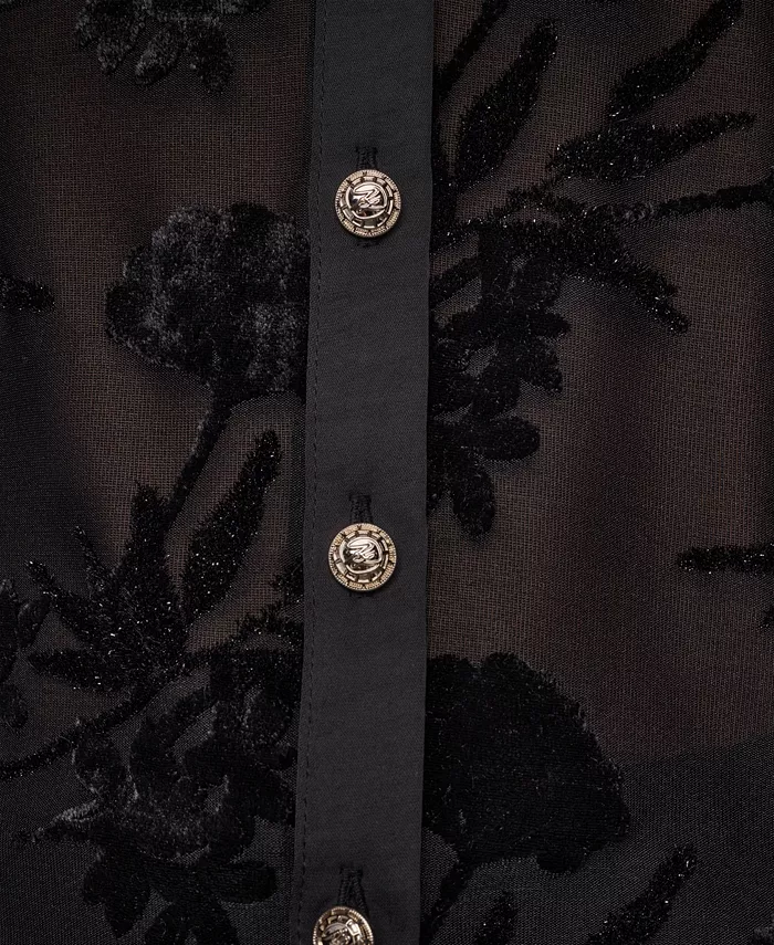 Women's Long-Sleeve Collared Burnout-Floral Blouse - thumbnail 7