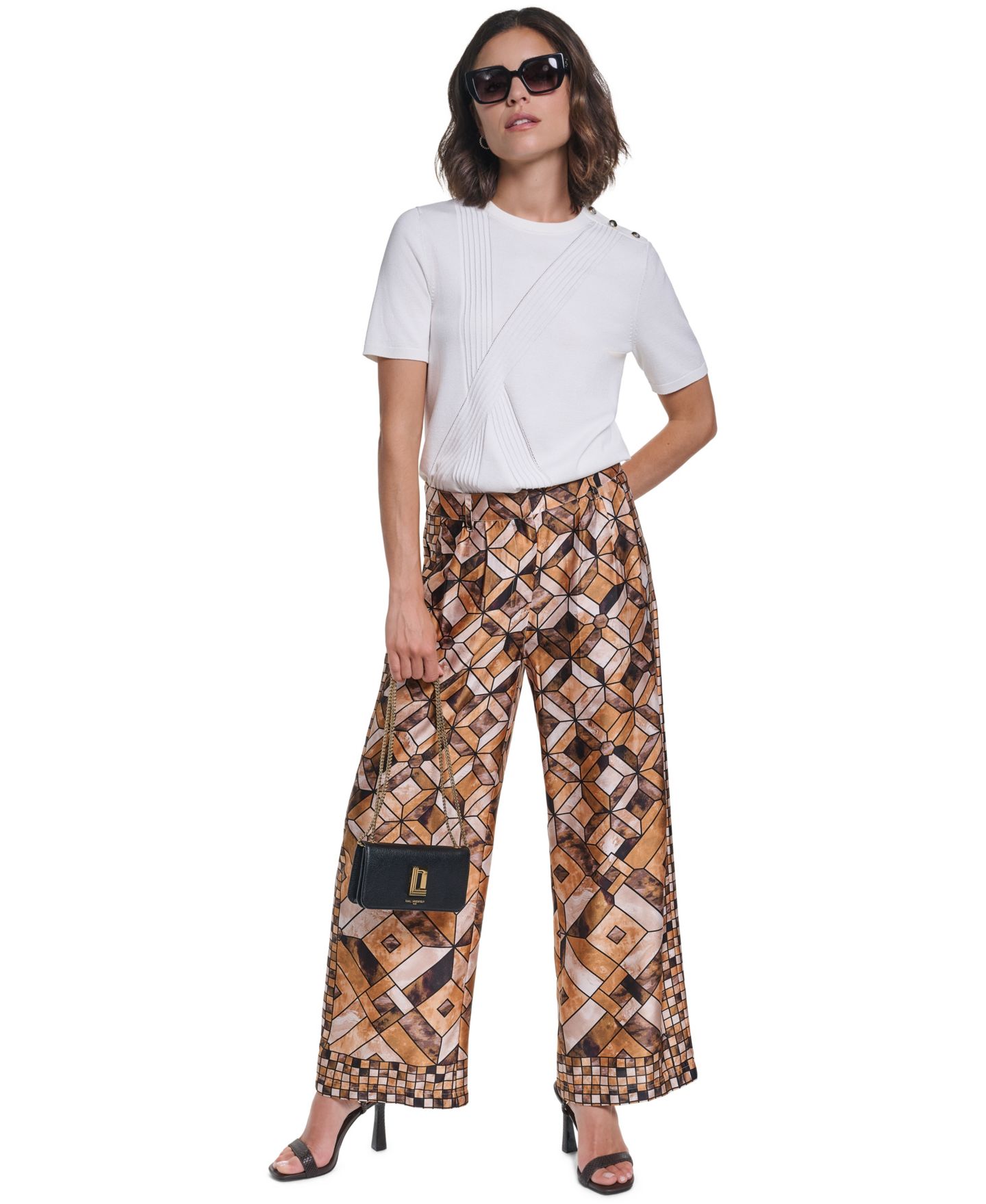 Женские брюки KARL LAGERFELD PARIS Geometric-Print Pleated Wide-Leg, цвет: Сепия комбинированный — фото 2