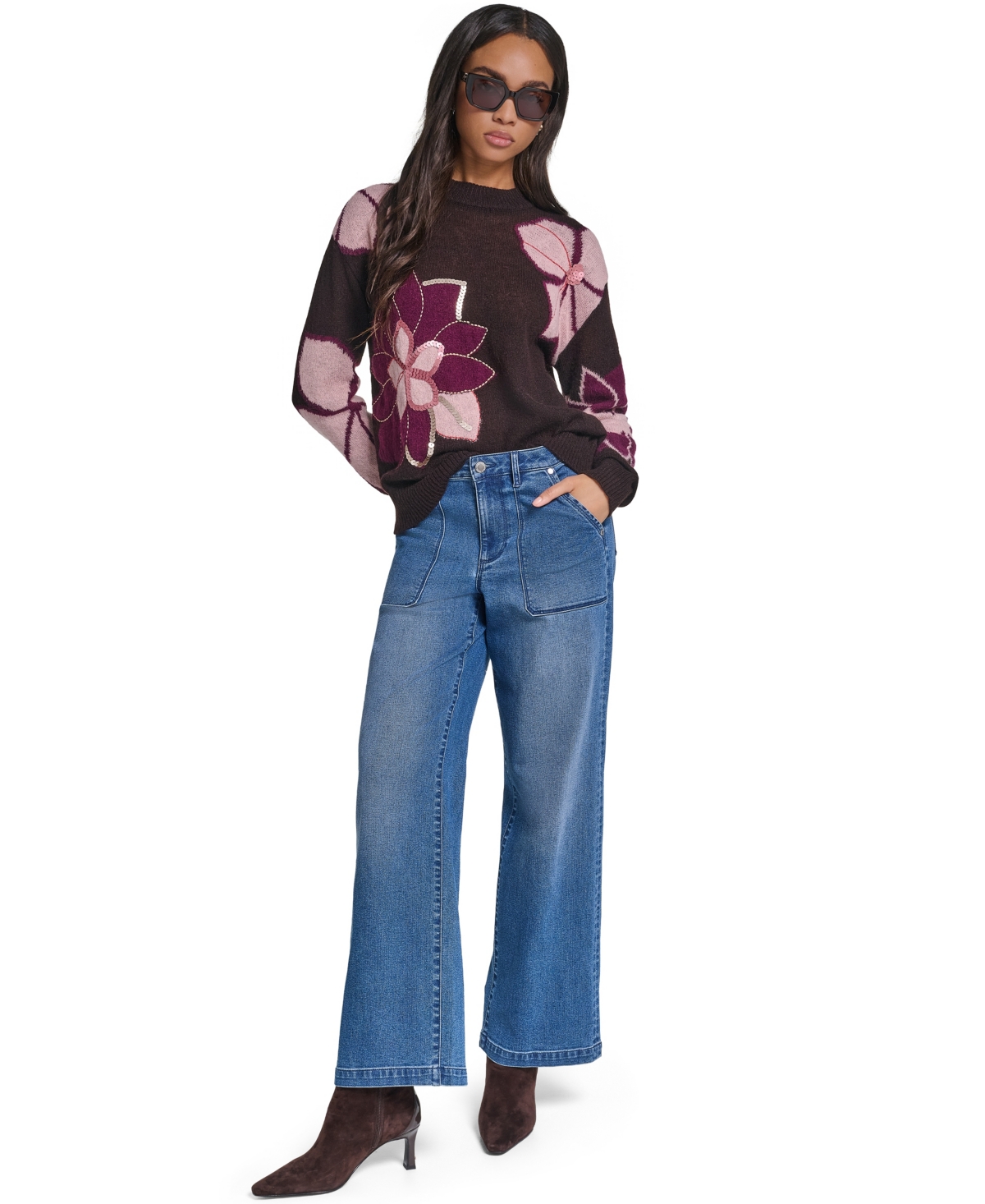 Karl Lagerfeld Paris Women's Big Flowers Floral-Print Sequin Embellished Sweater